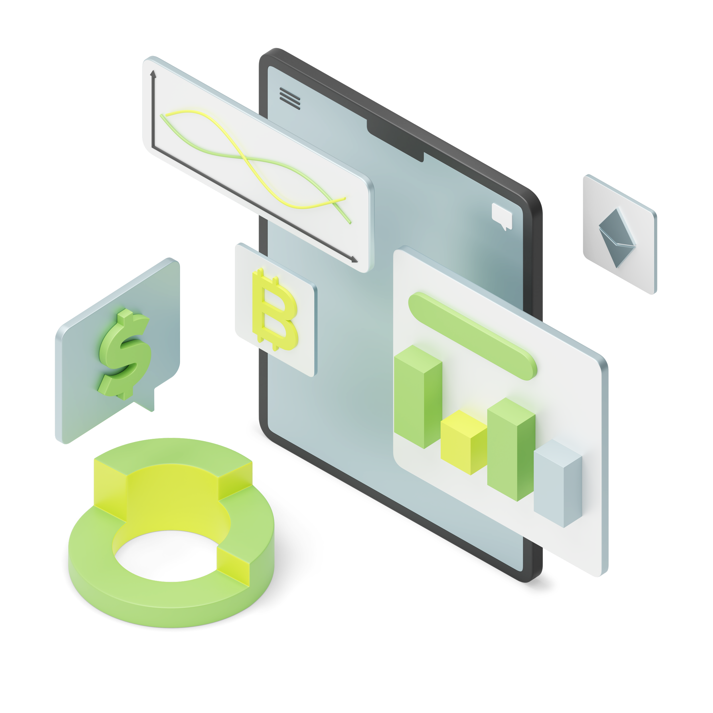 Illustration of financial symbols like dollar, bitcoin, Ethereum, and graphs around a digital screen.
