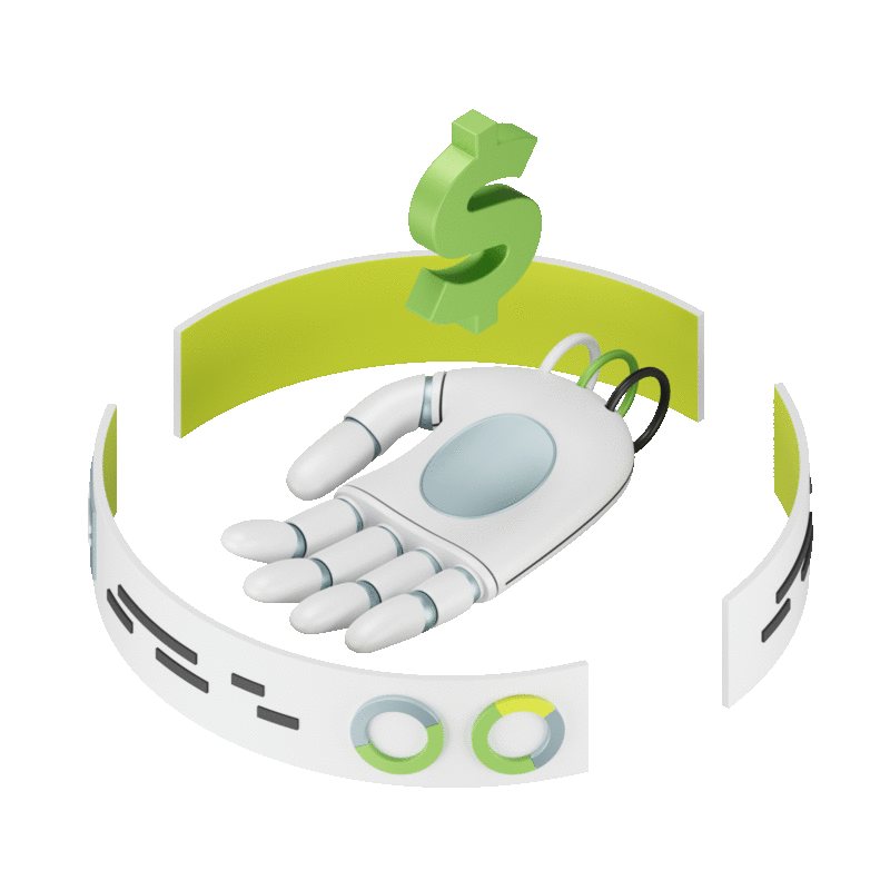 Robotic hand with dollar sign and digital graphics, symbolizing artificial intelligence and finance.