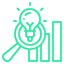 Magnifying glass, light bulb, and bar chart icon in green