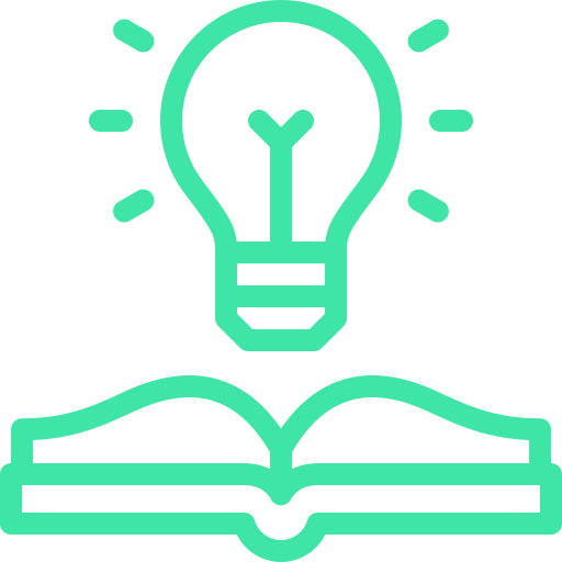 Icon of a light bulb above an open book.