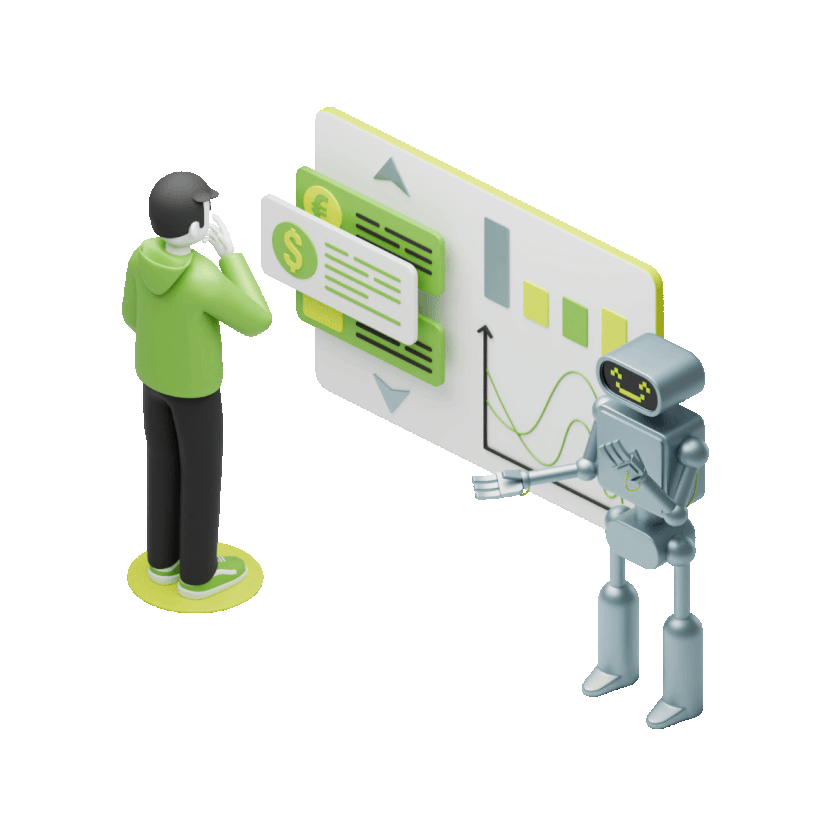 Illustration of a person and a robot analyzing financial data on a screen with graphs and charts.
