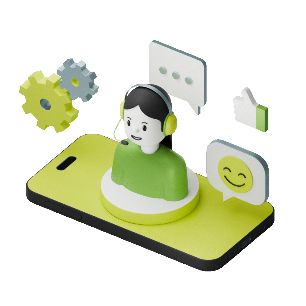 3D illustration of a customer support representative wearing a headset, emerging from a smartphone screen. Surrounding elements include chat bubbles, gears, and a thumbs-up icon, conveying concepts of communication, support, and technology.