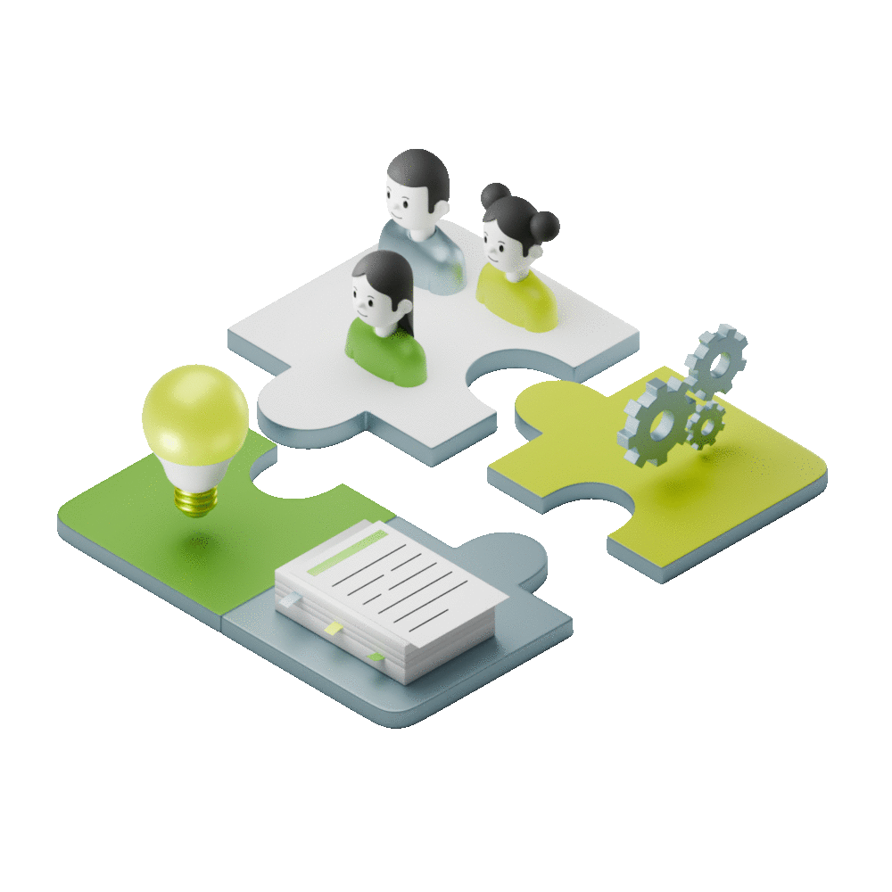 3D illustration of four puzzle pieces each with different elements: three people, gears, a light bulb, and a stack of paper. Represents teamwork, innovation, and collaboration.