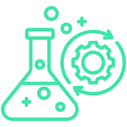 Chemical flask with gear icon, symbolizing science and technology.