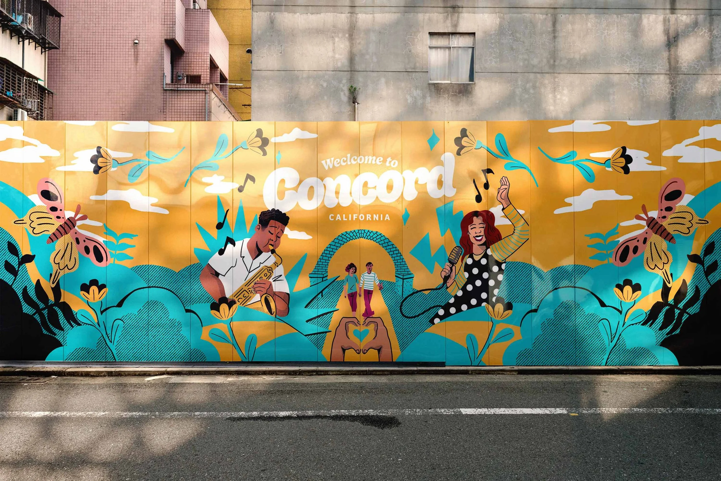 Illustration celebrating the lively scene of downtown Concord California. A man and woman are depicted playing for a couple in the heart of todo santos plaza