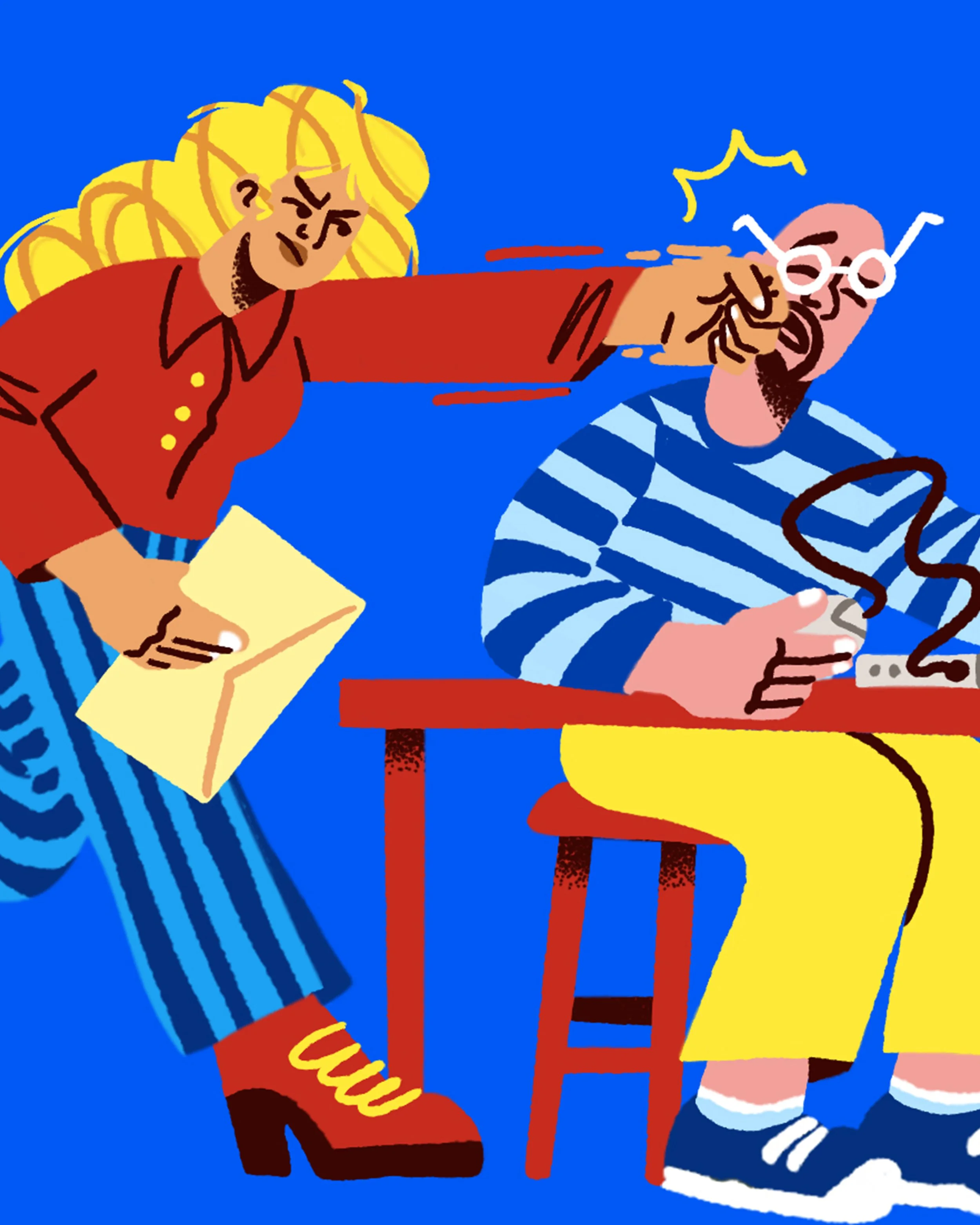 Illustration of a collegue in a red blouse and boots decking a collegue sitting down in a striped blue shirt and yellow pants.