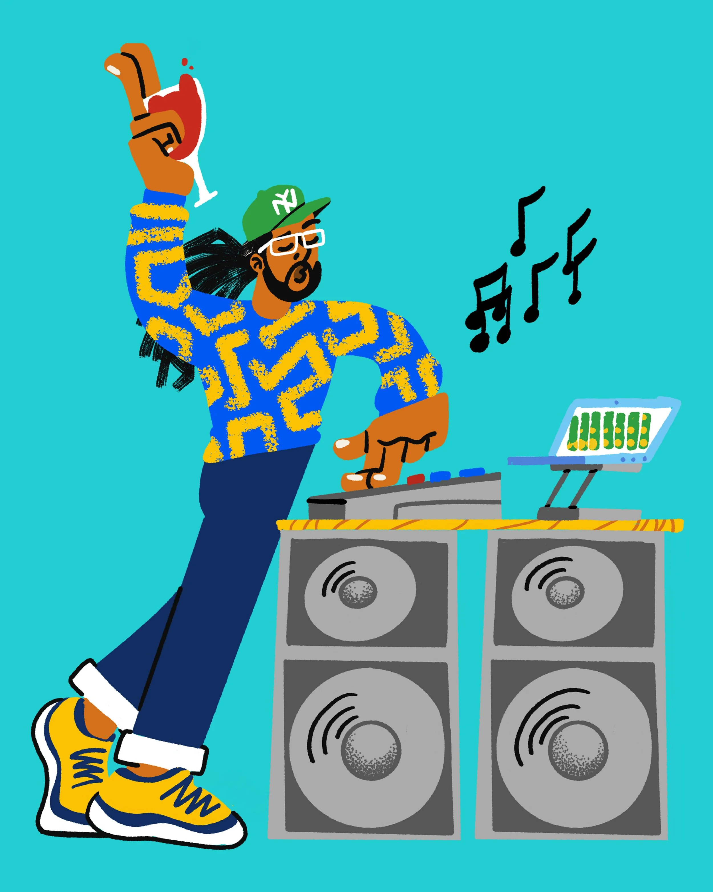 Illustration of a DJ spinning records with a glass of wine in the air