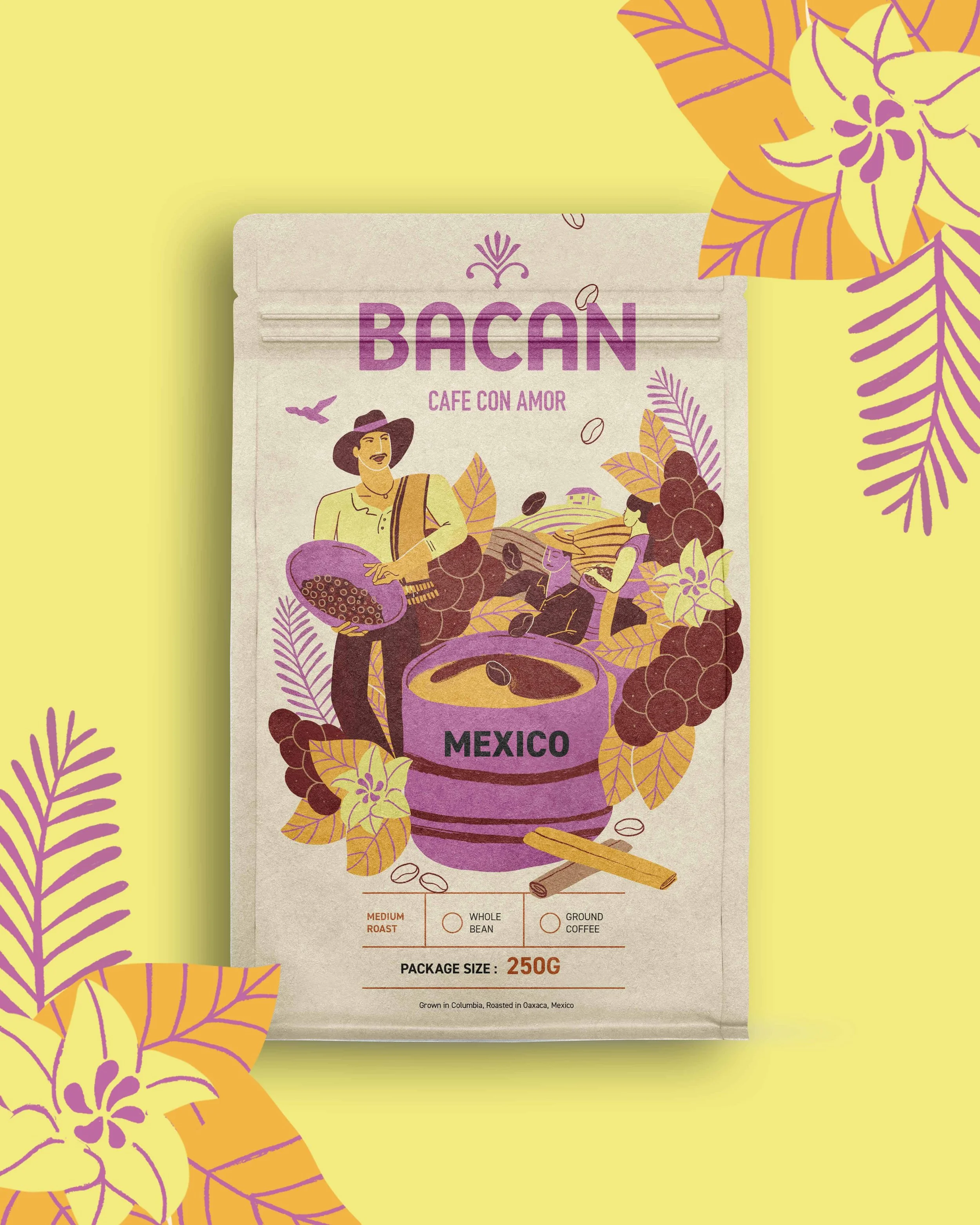 Illustrated coffee package mockup of coffee farmers. One farmer in the front holds a basket of coffee cherries amidst a wide array of plants and a large coffee cup.