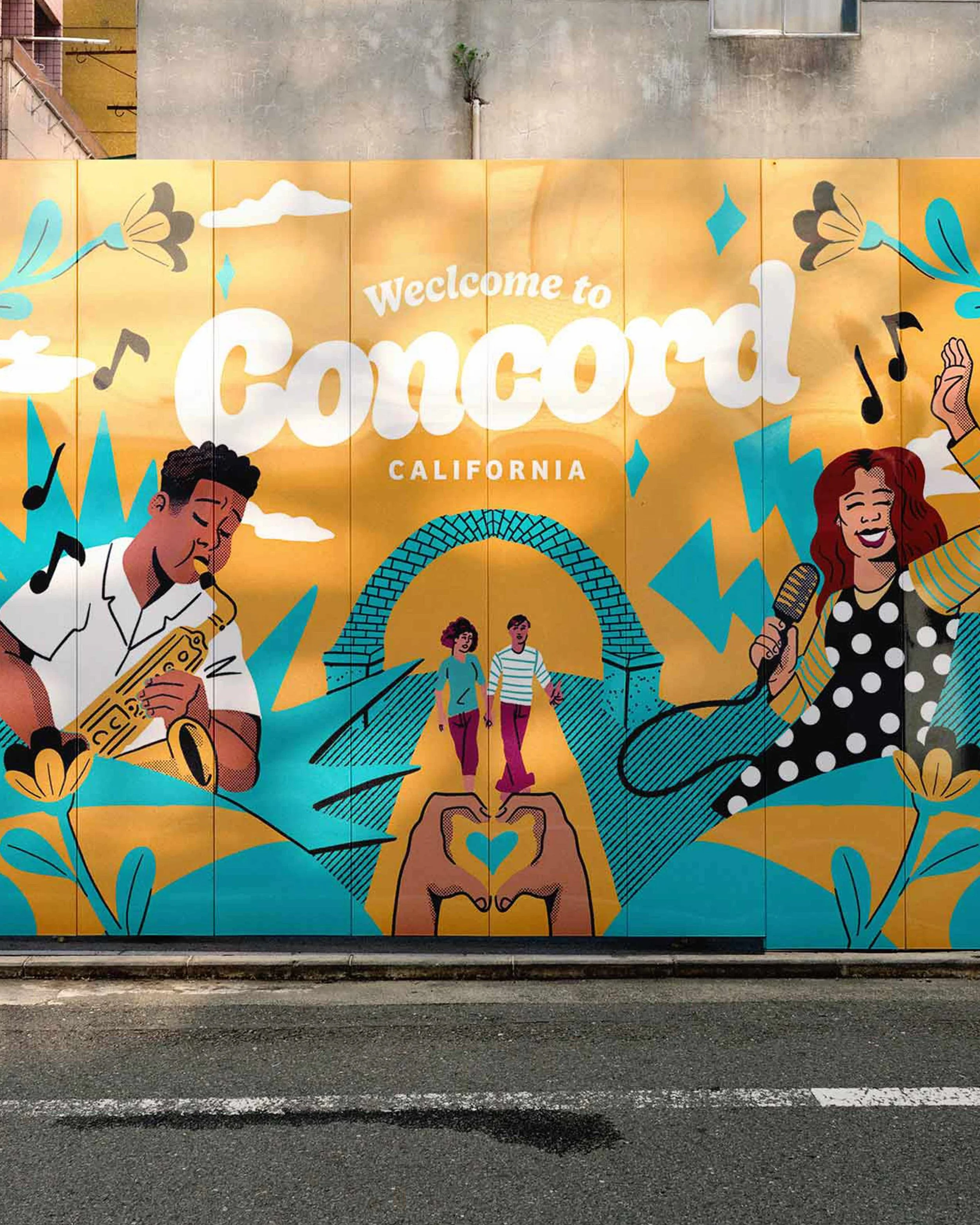 Illustration celebrating the lively scene of downtown Concord California. A man and woman are depicted playing for a couple in the heart of todo santos plaza
