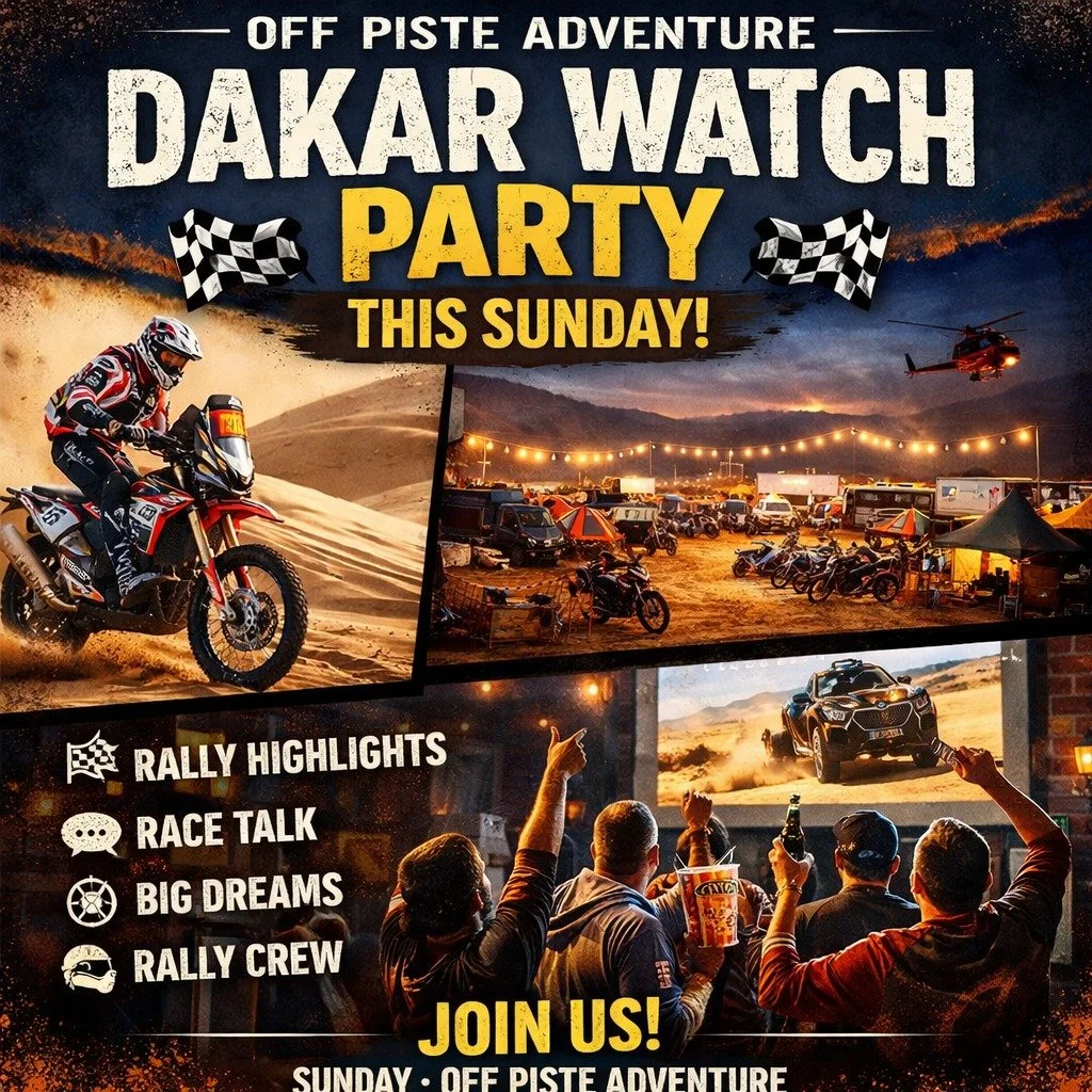 🏁 Dakar Watch Party &ndash; This Sunday! 🏁

The world&rsquo;s toughest race is on, and there&rsquo;s no better way to experience it than together. Join Off Piste Adventure this Sunday as we watch the Dakar Rally unfold, talk rally stories, share kn