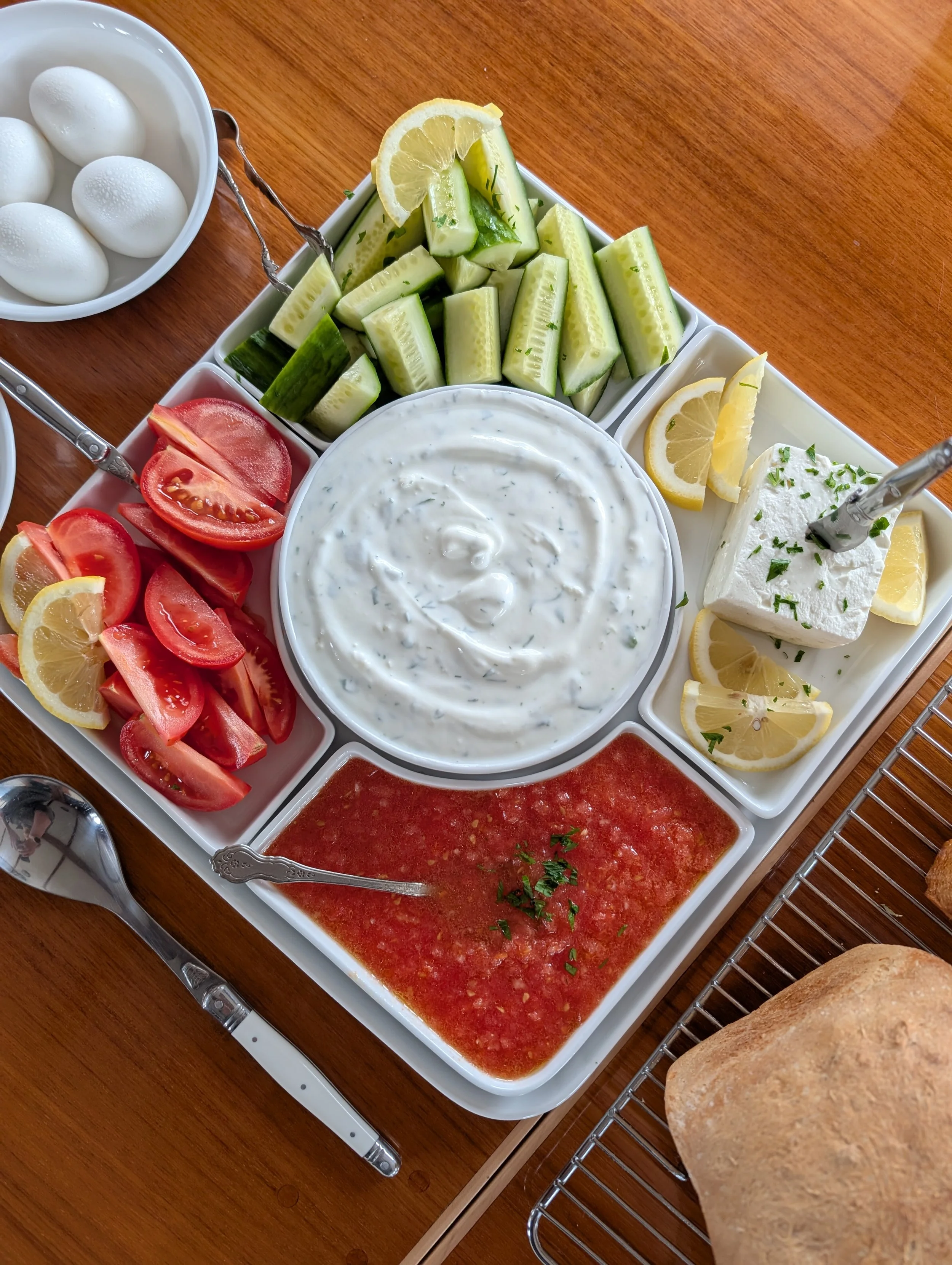 Turkish style breakfast with fresh sourdough