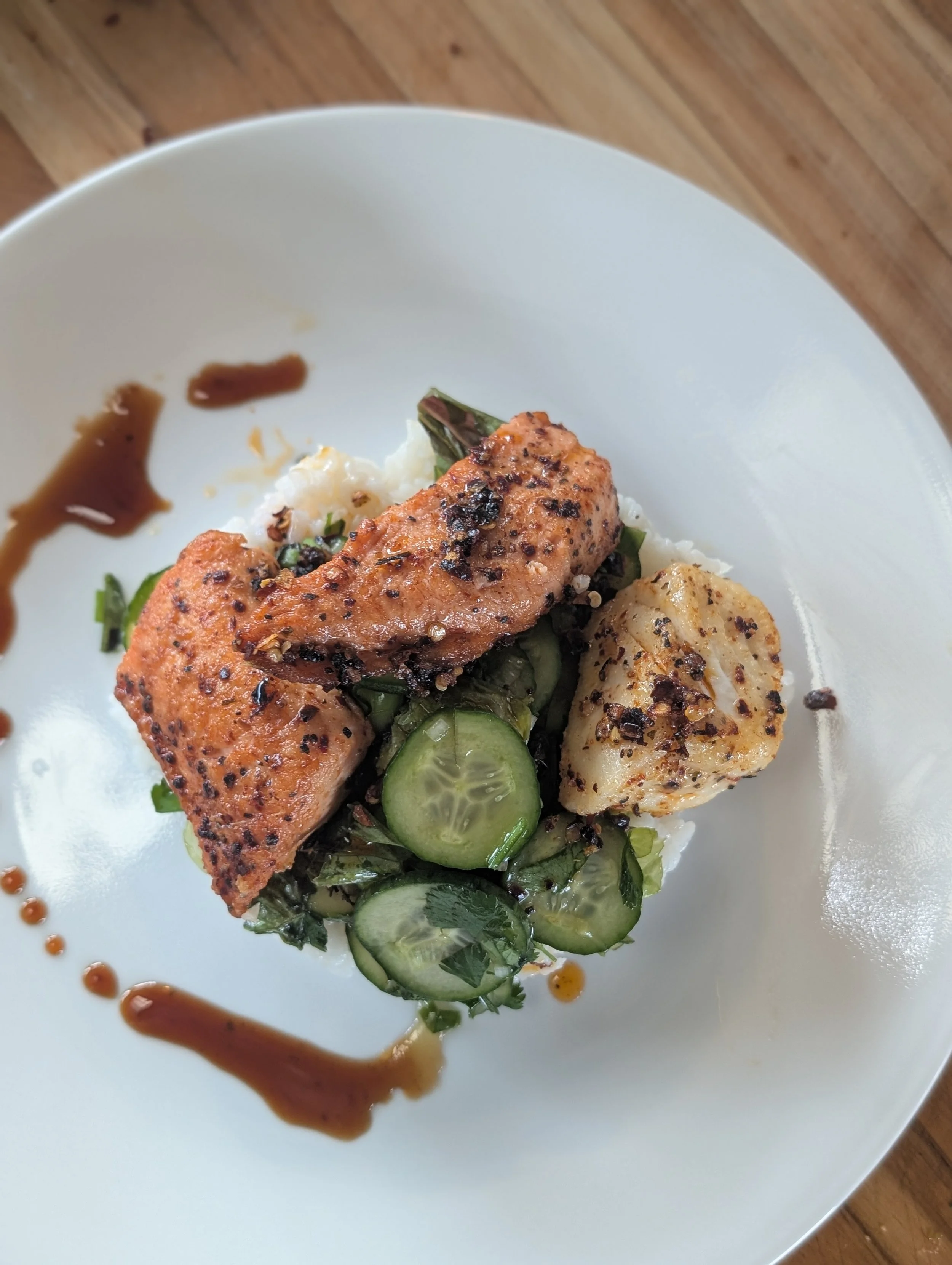 Salmon + halibut buddha bowl.