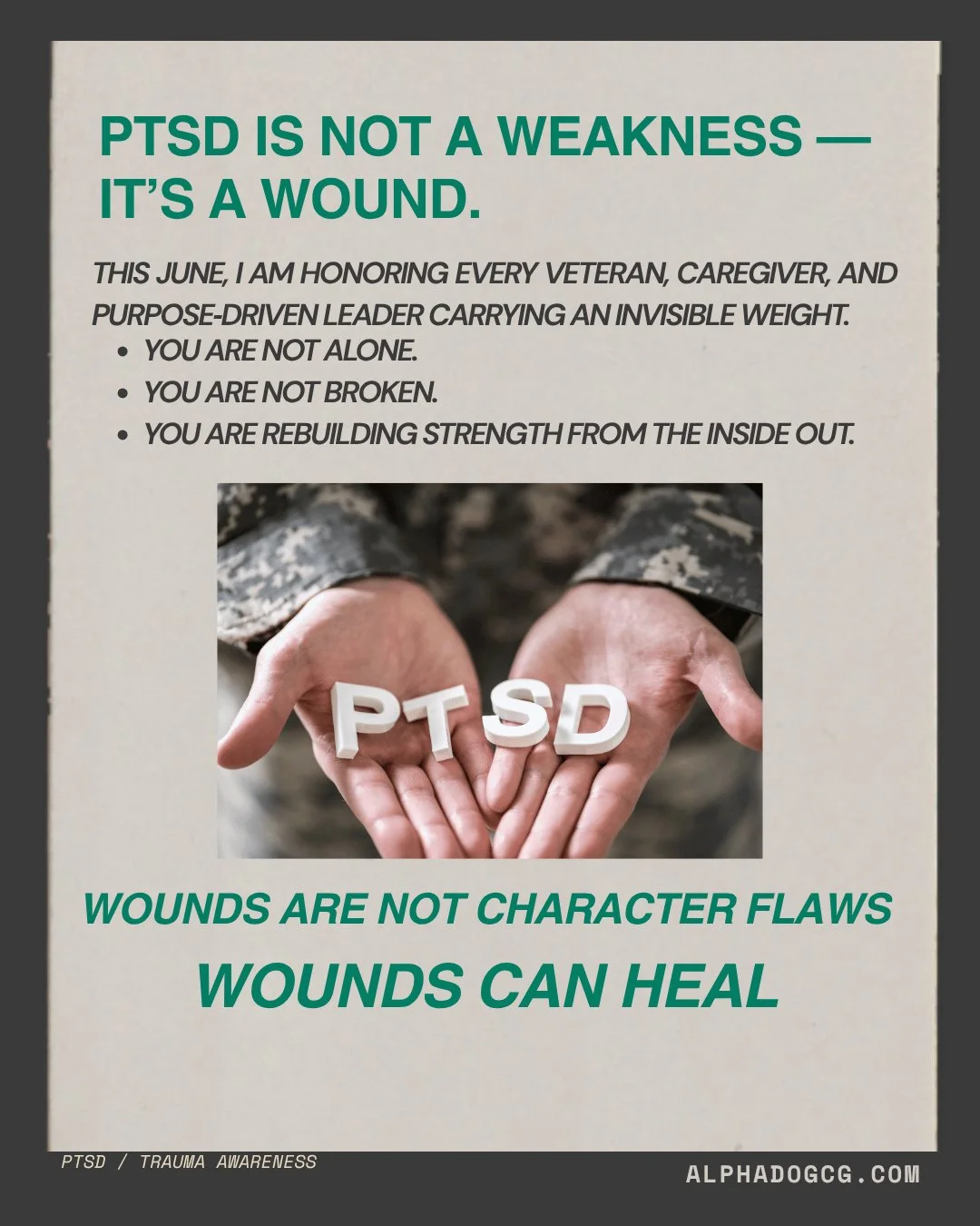 Invisible weights keep us from executing. Signs and symptoms of PTSD can be hidden. Triggers can set off reactions and behaviors that are highly stressful for the active duty servicemember and family. Transition can be a trigger.

If you or your fami