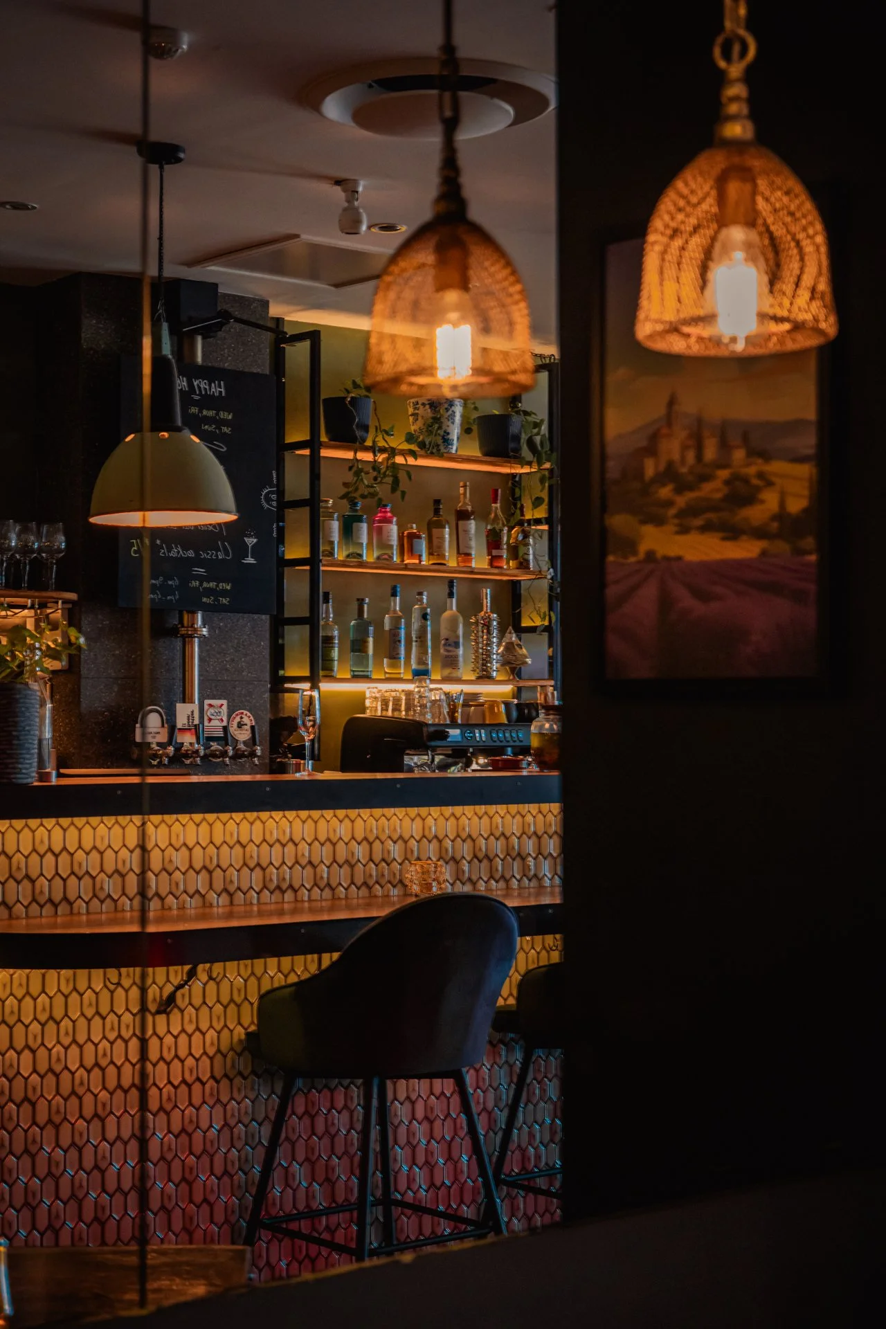BAR WITH BOTTLE ON SHELF- warm lighting