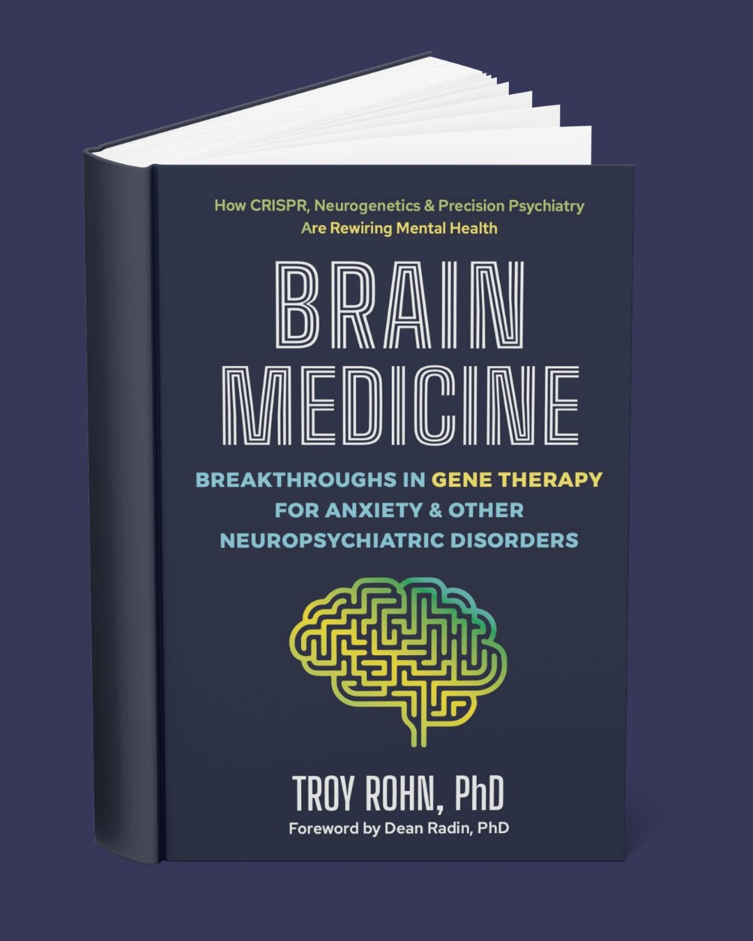 Book titled 'Brain Medicine' by Troy Rohn PhD with subtitle about gene therapy for neuropsychiatric disorders and a colorful maze-style brain illustration on a dark blue background.