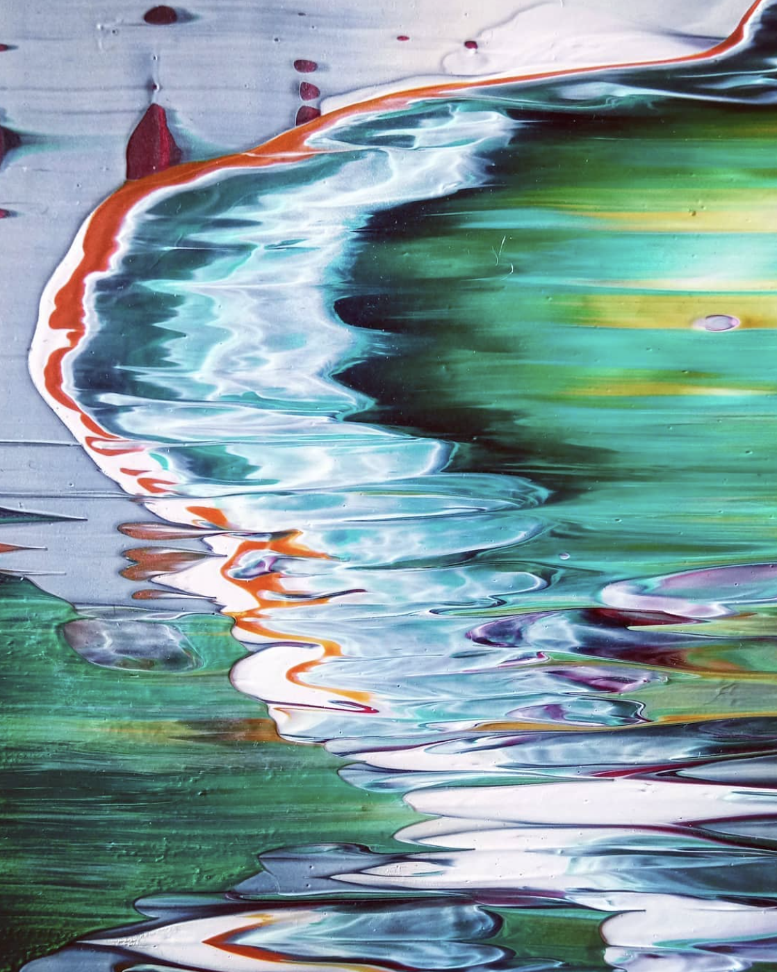 Art restoration London painting restorer. Abstract painting with swirling green, blue, and orange colors.