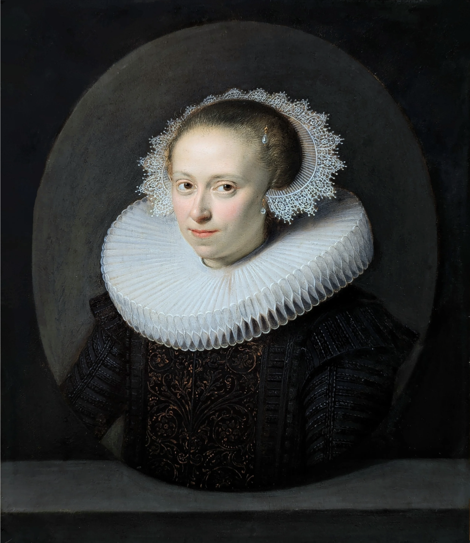 Portrait of a woman in 17th-century attire with a lace ruff and ornate clothing against a dark background.