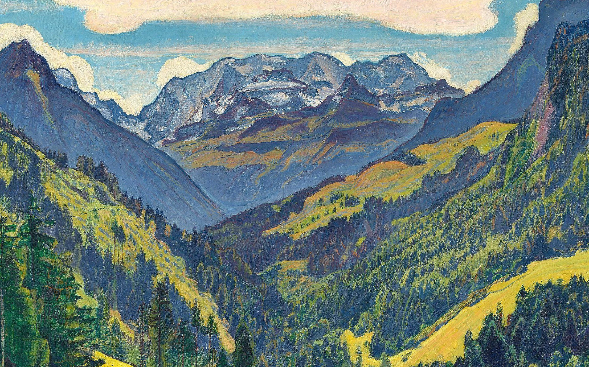 Art restoration London painting restorer. Colourful landscape painting of mountain range with green valleys and snow-capped peaks under a blue sky.