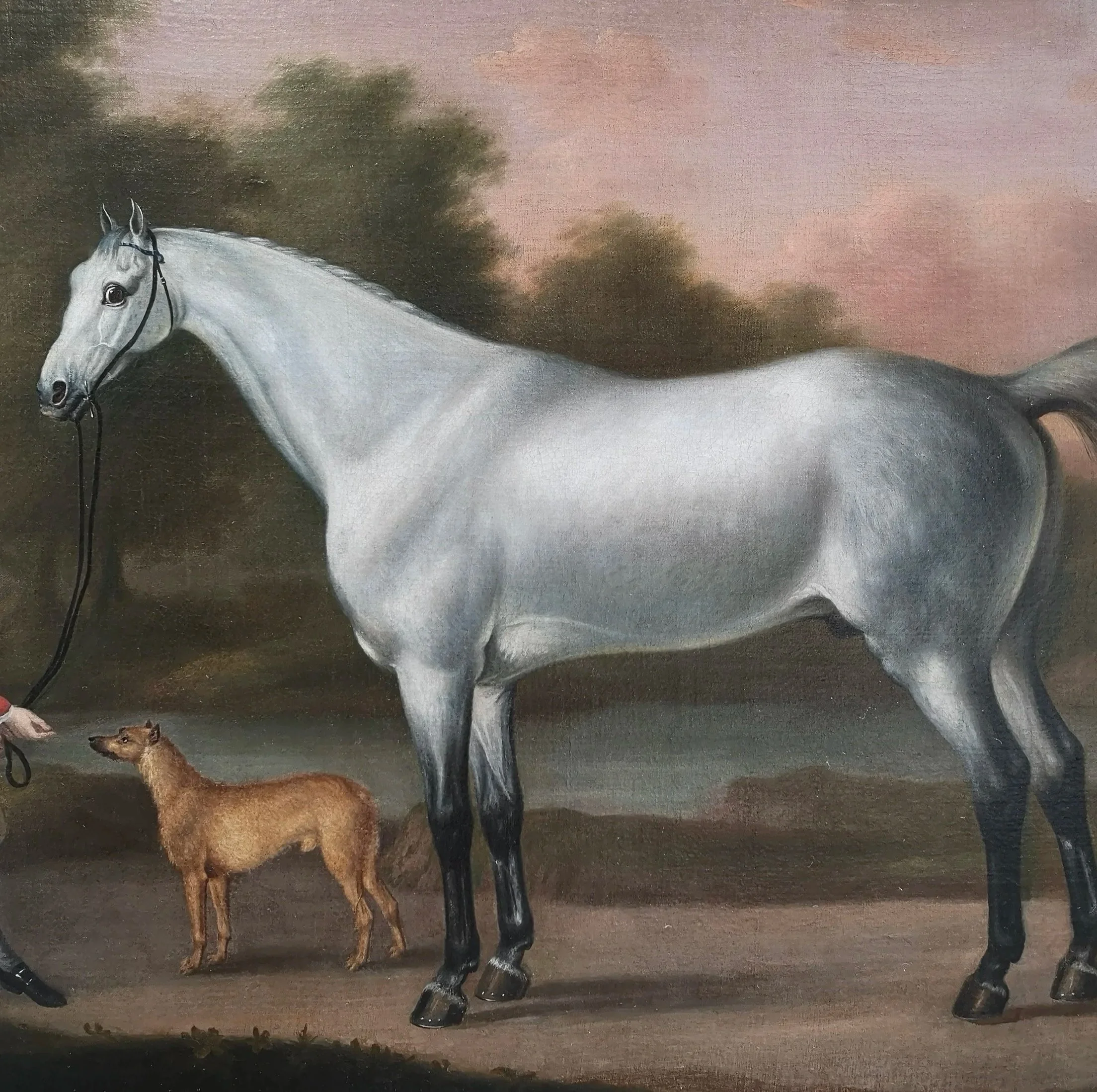 Painting of a white horse and a brown dog in a landscape setting with trees and cloudy sky.