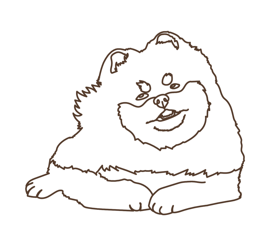 Line drawing of a cute, smiling dog with glasses, resting its front paws together.