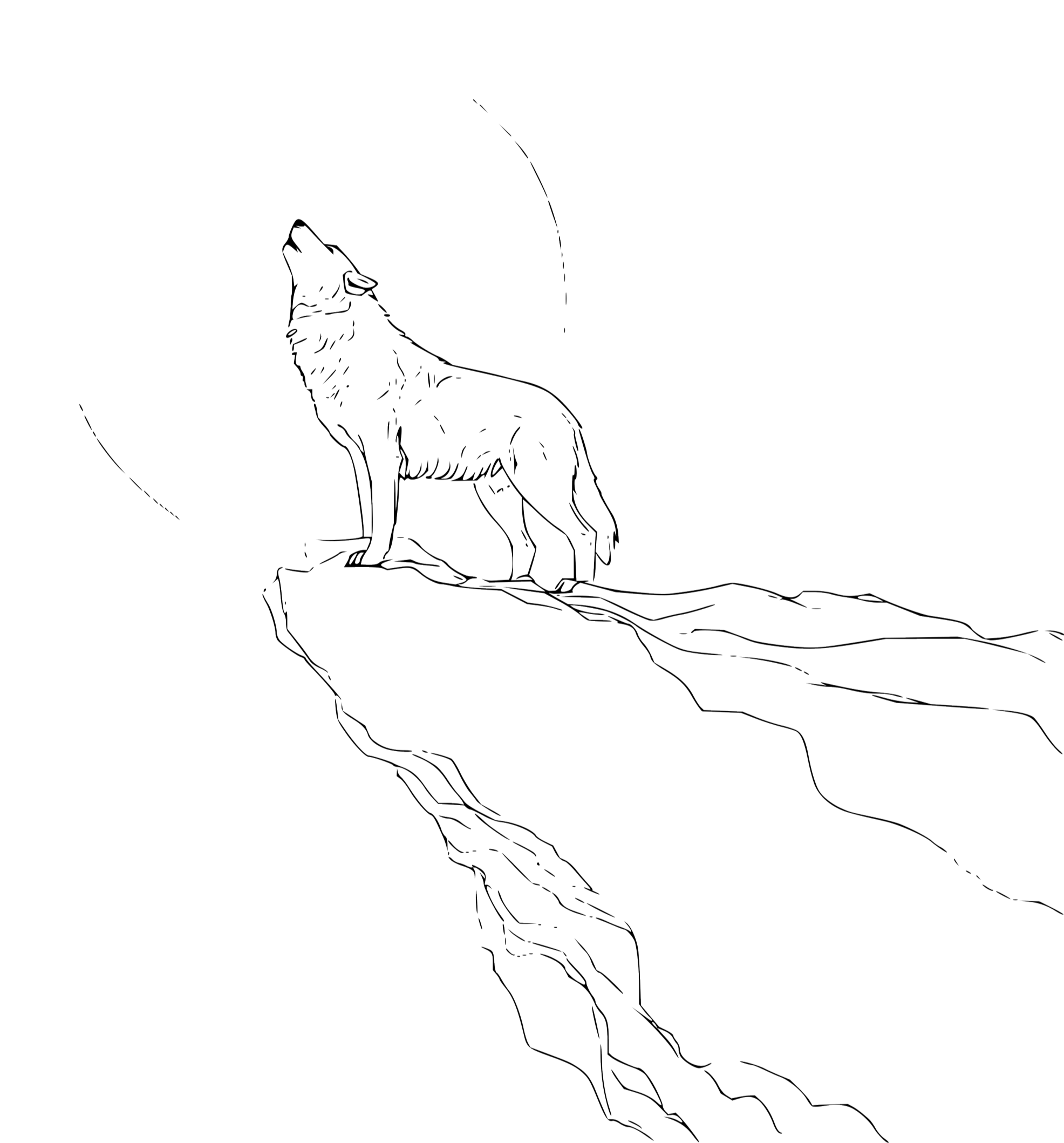 Outline of wolf howling at a round mood while standing on a cliff edge.