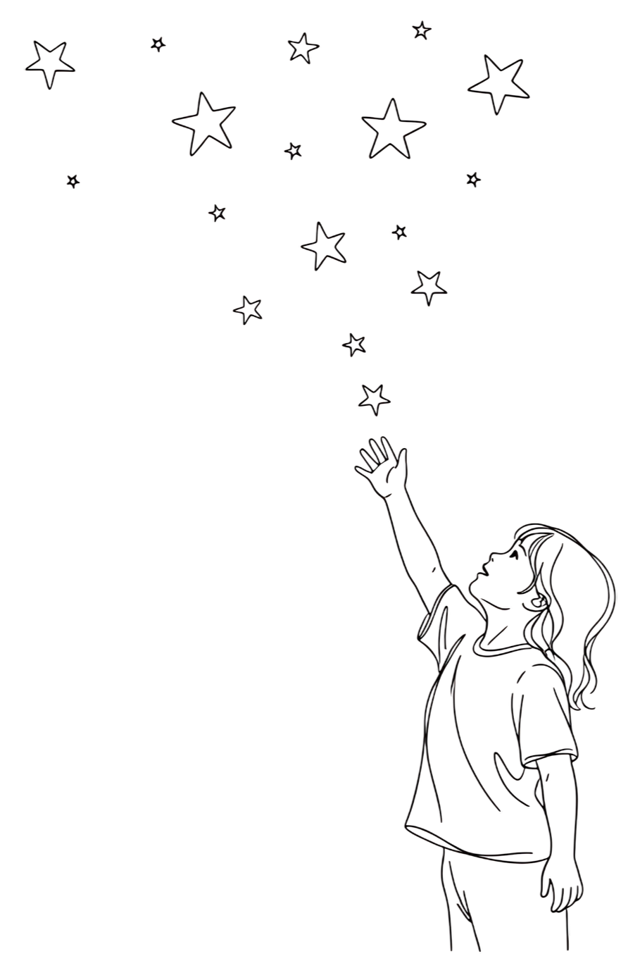 Line drawing of a girl reaching up towards stars in the sky.