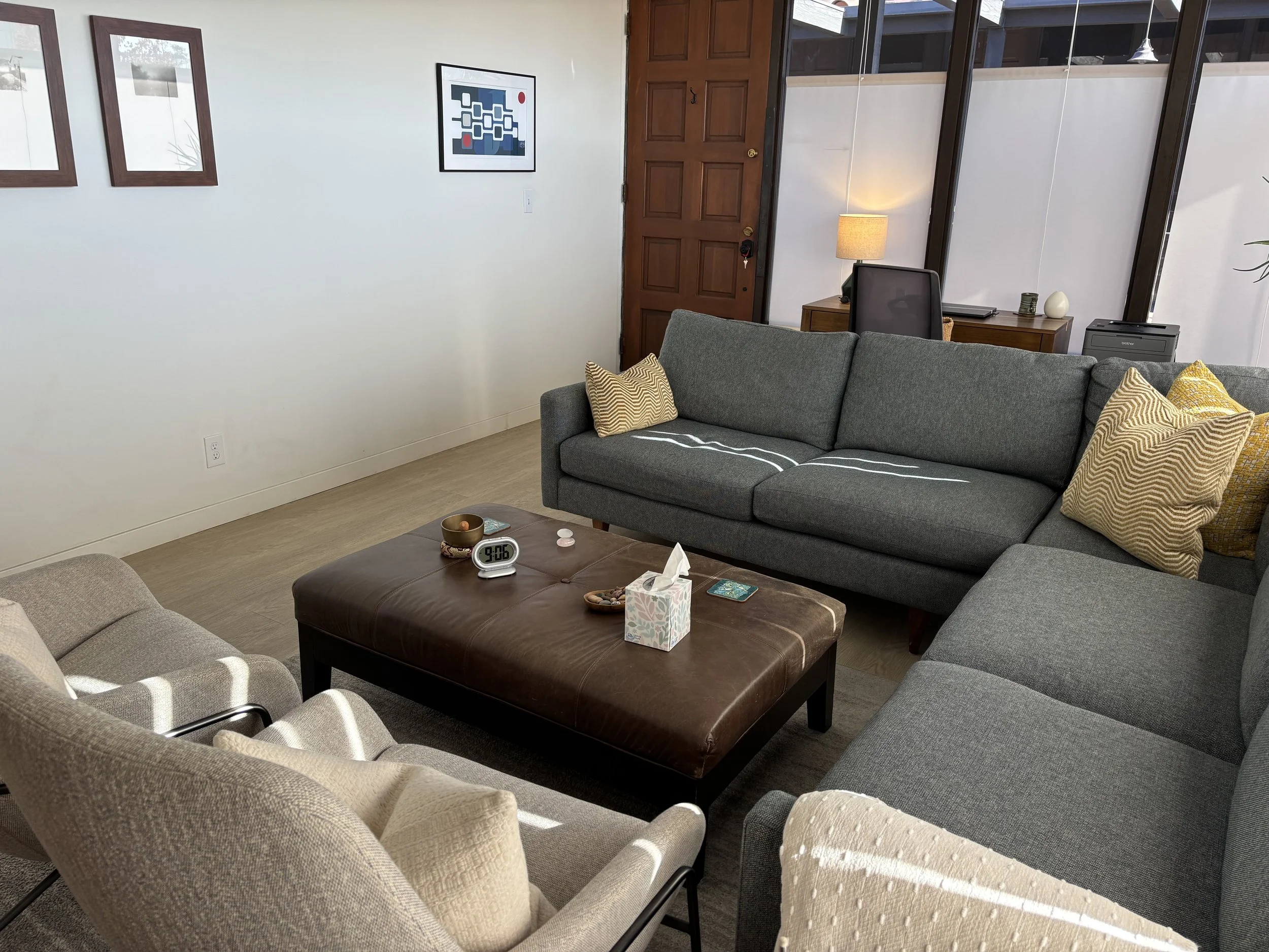 Therapy office in Santa Monica with natural lights and neutral tones.