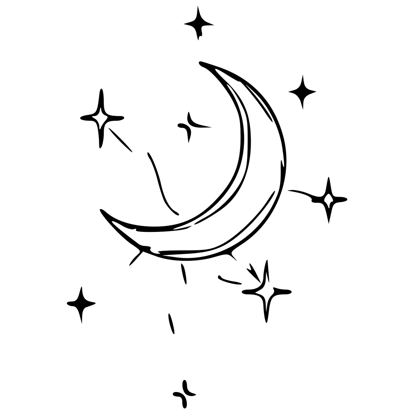 Outline drawing of a crescent moon surrounded by stars.