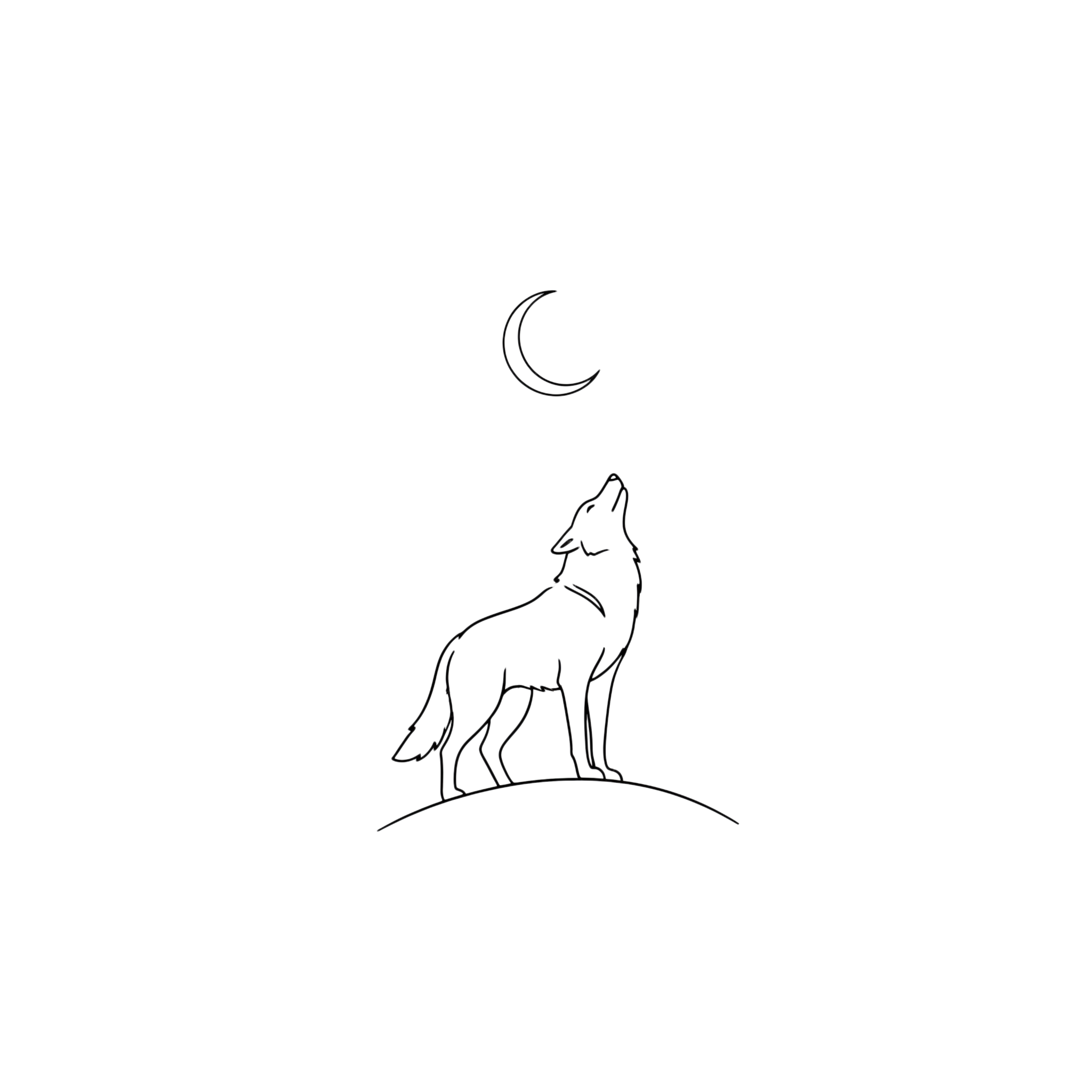 Minimalist line art of a howling wolf on a hill under a crescent moon against a black background.
