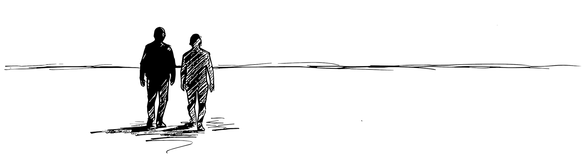 Outline drawing of two people walking side by side along a narrow path with a vast dark background and some light streaks in the distance.