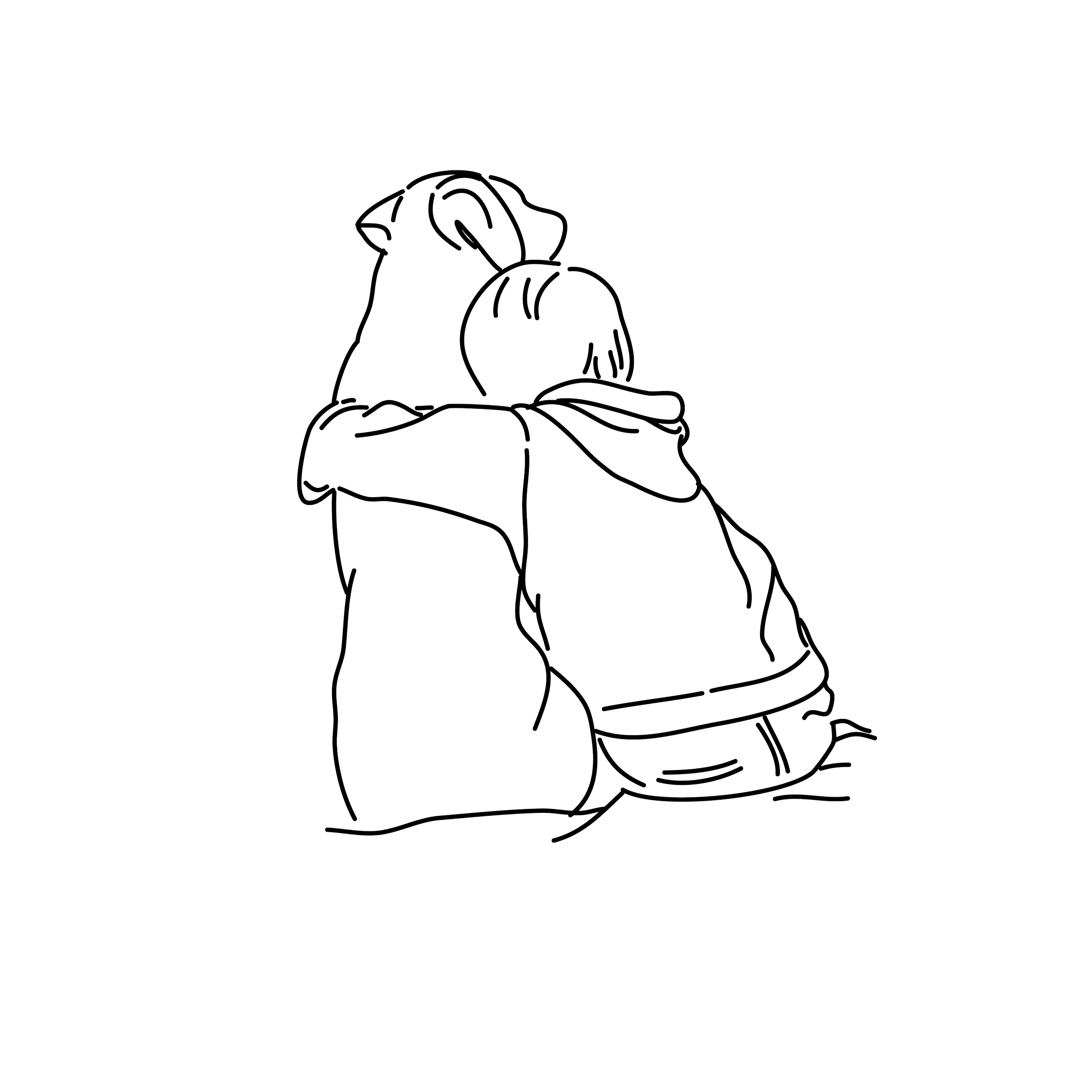 Line drawing of a young boy with his arm around a large dog.