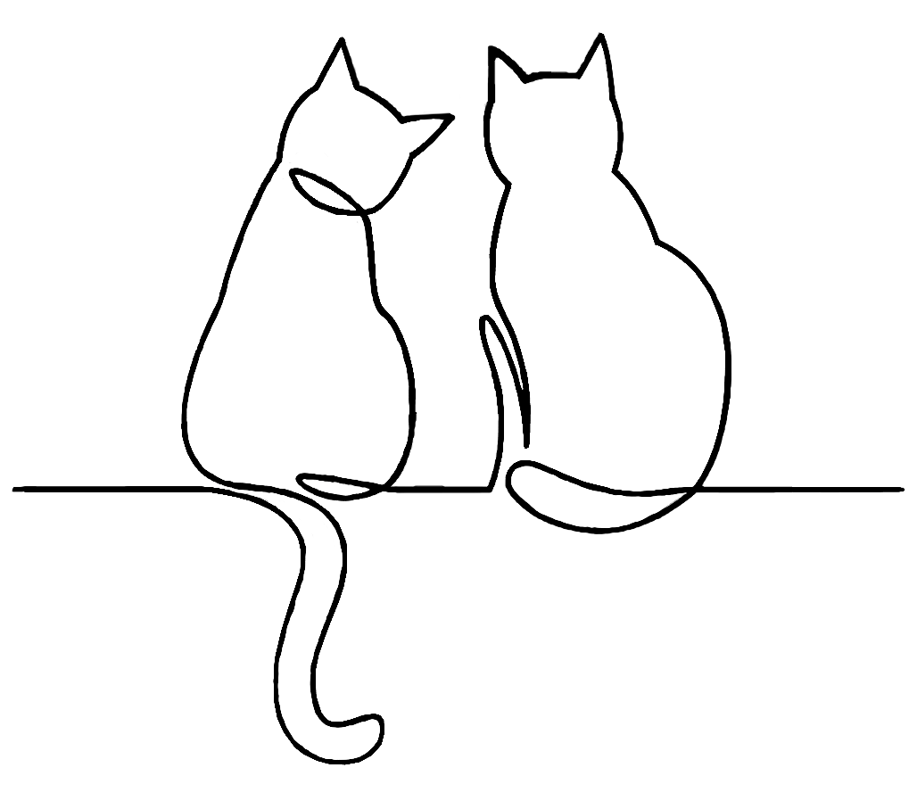 Outline drawing of two cats sitting side by side.