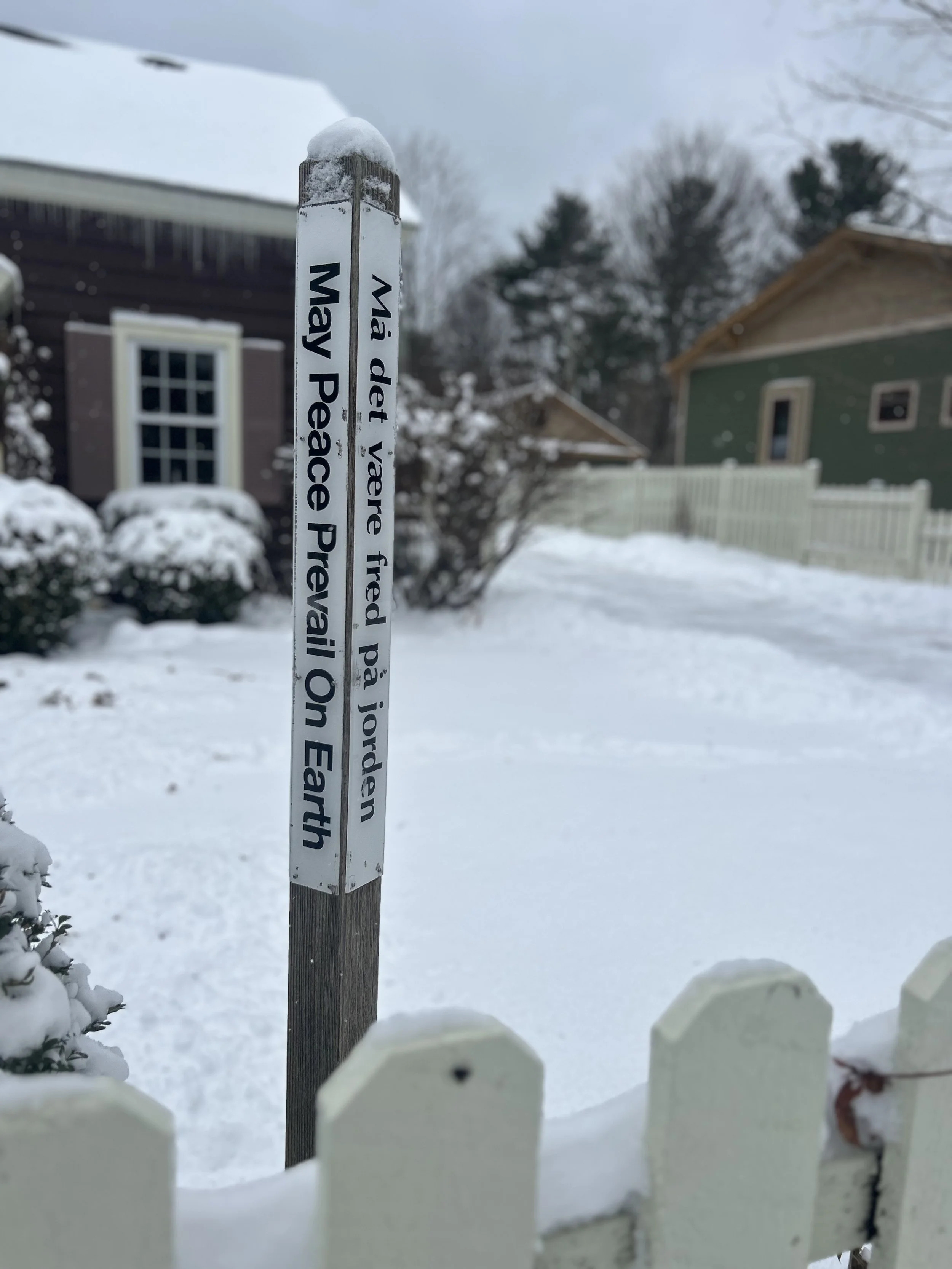 Snow-covered sign with text in Danish and English, reading "May peace prevail on Earth" in English. Snowy residential area with houses, bushes, and trees in the background.