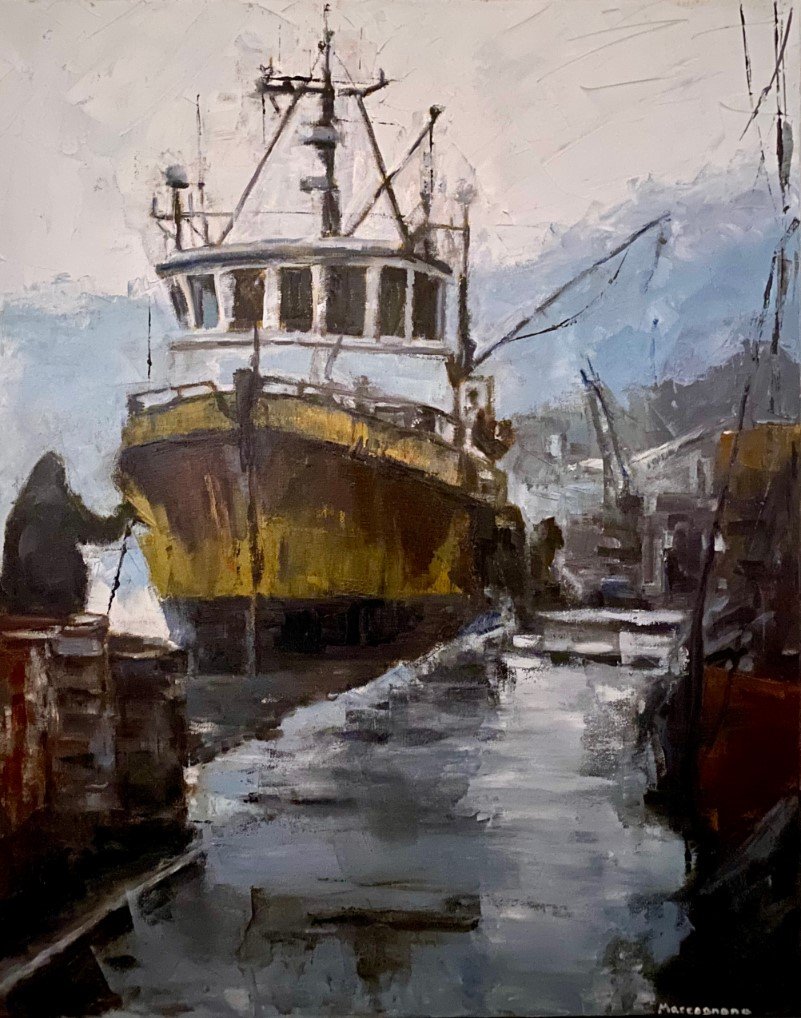oil painting of a ship pulling into port