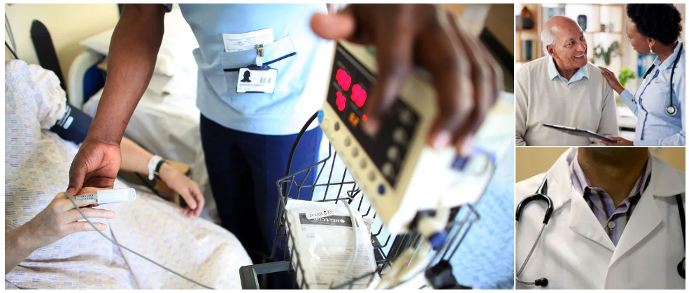 Collage of hospital photos: nurse checking on patient, talking to patient, a closeup of a physician