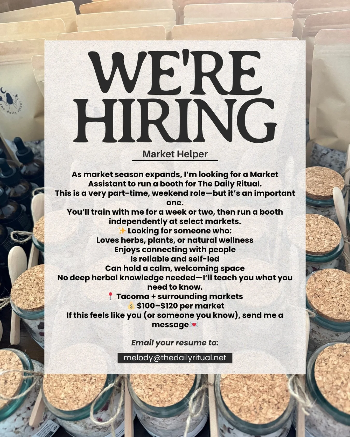 WE&rsquo;RE HIRING 🌿
Market Assistant
Weekend Markets | South Sound
Train &rarr; Run Your Own Booth
DM to apply 💌
.
.
.
#thedailyritual #werehiring #itstimetogrow🌱