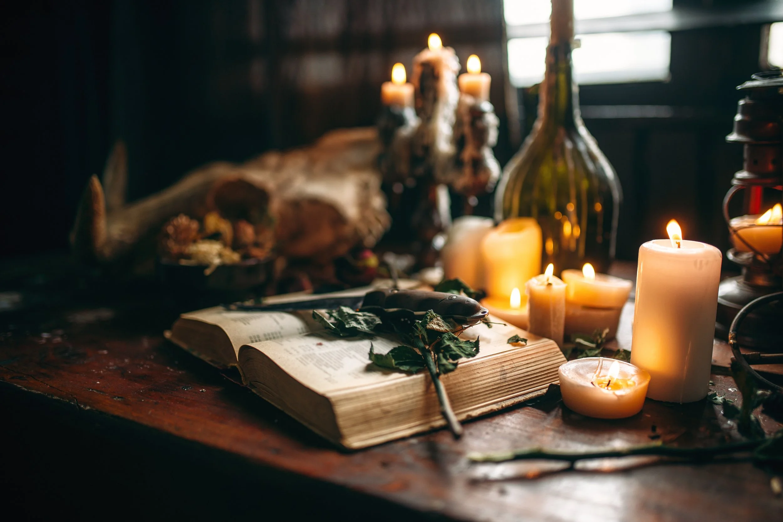herbalist work station with notebook herbs and candles
