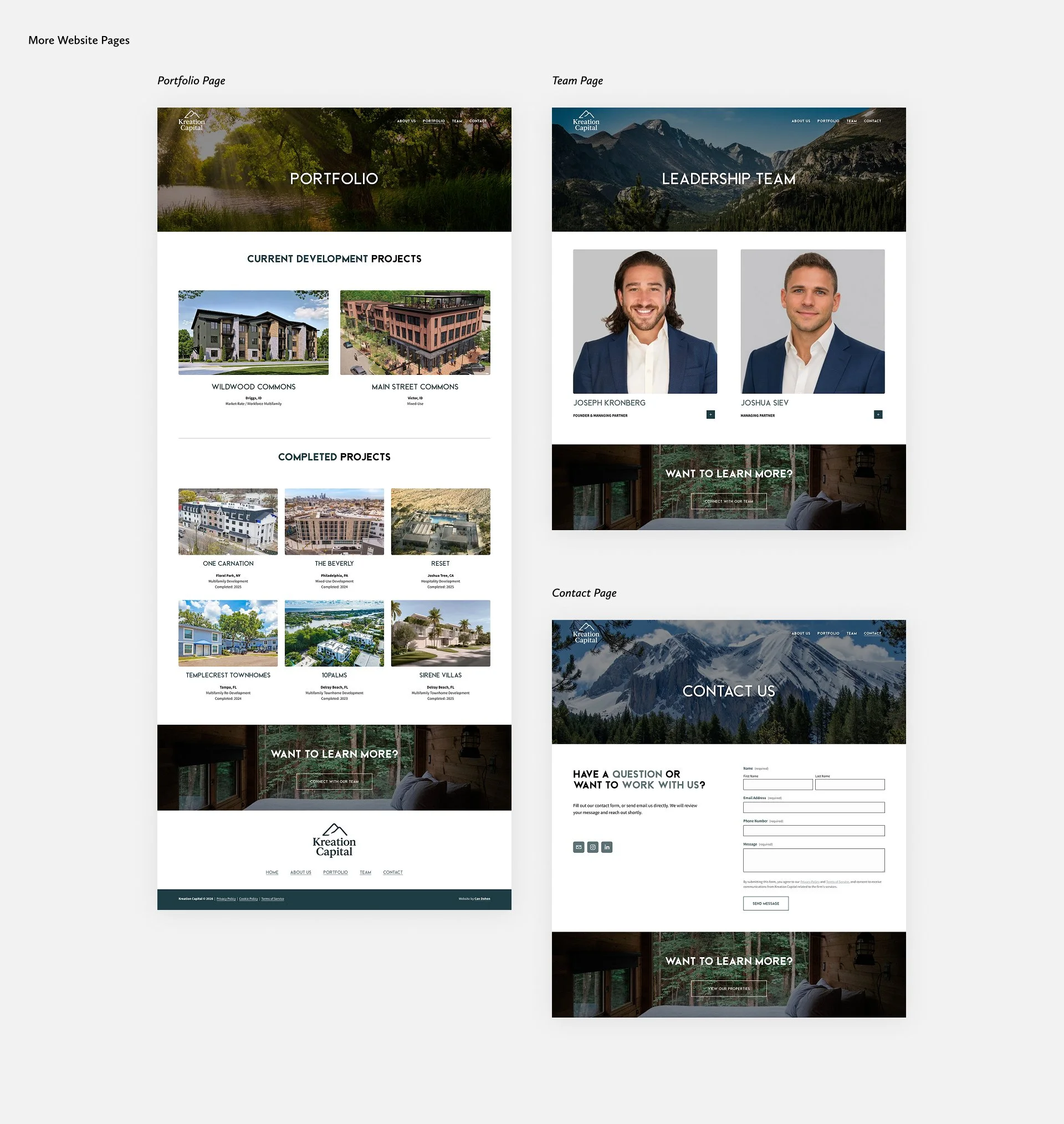 Portfolio, Team, & Contact pages Kreation Capital