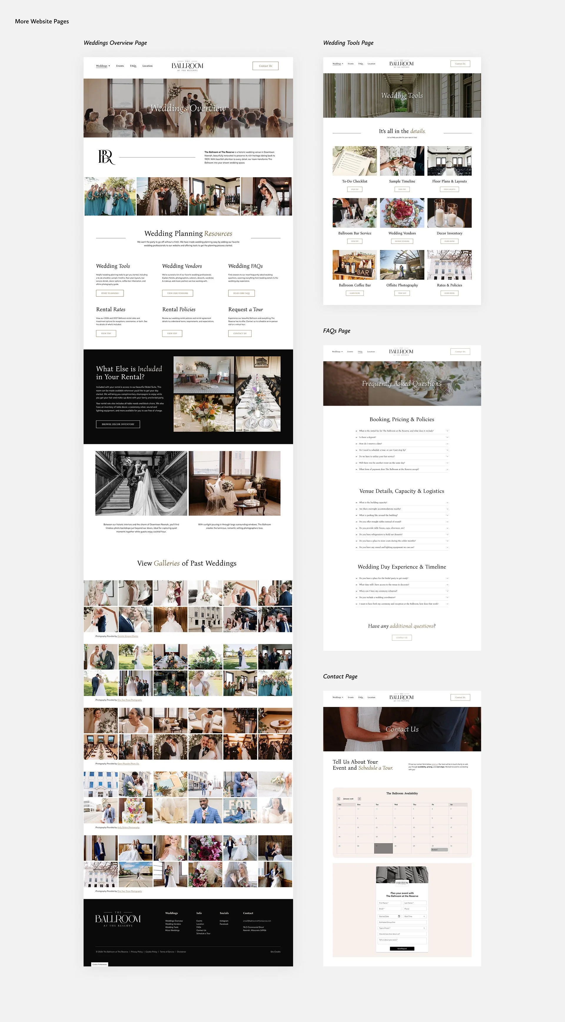 Weddings Overview, Wedding Tools, FAQs, Contact pages The Ballroom at The Reserve