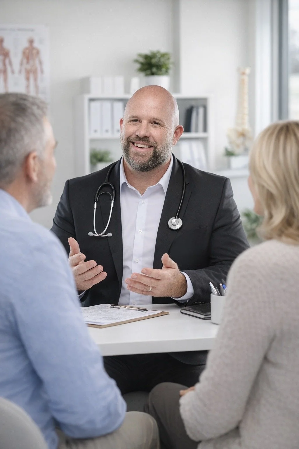 A smiling male doctor wearing a suit and stethoscope talking to a middle-aged man and woman during a consultation in a medical office.