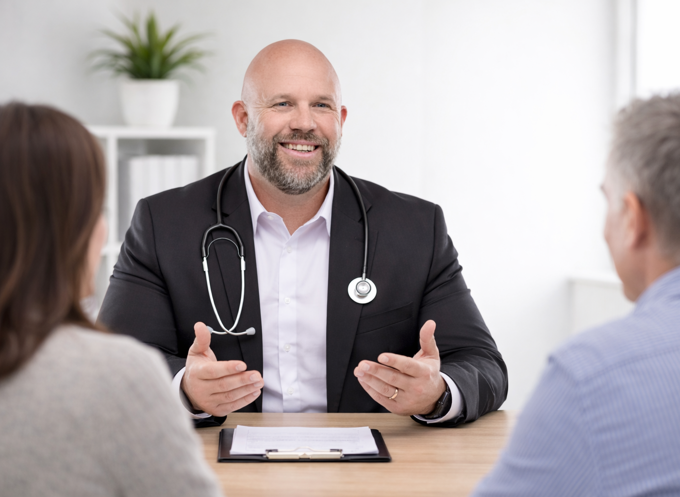 A male doctor with a stethoscope talking to two patients in a consultation room.