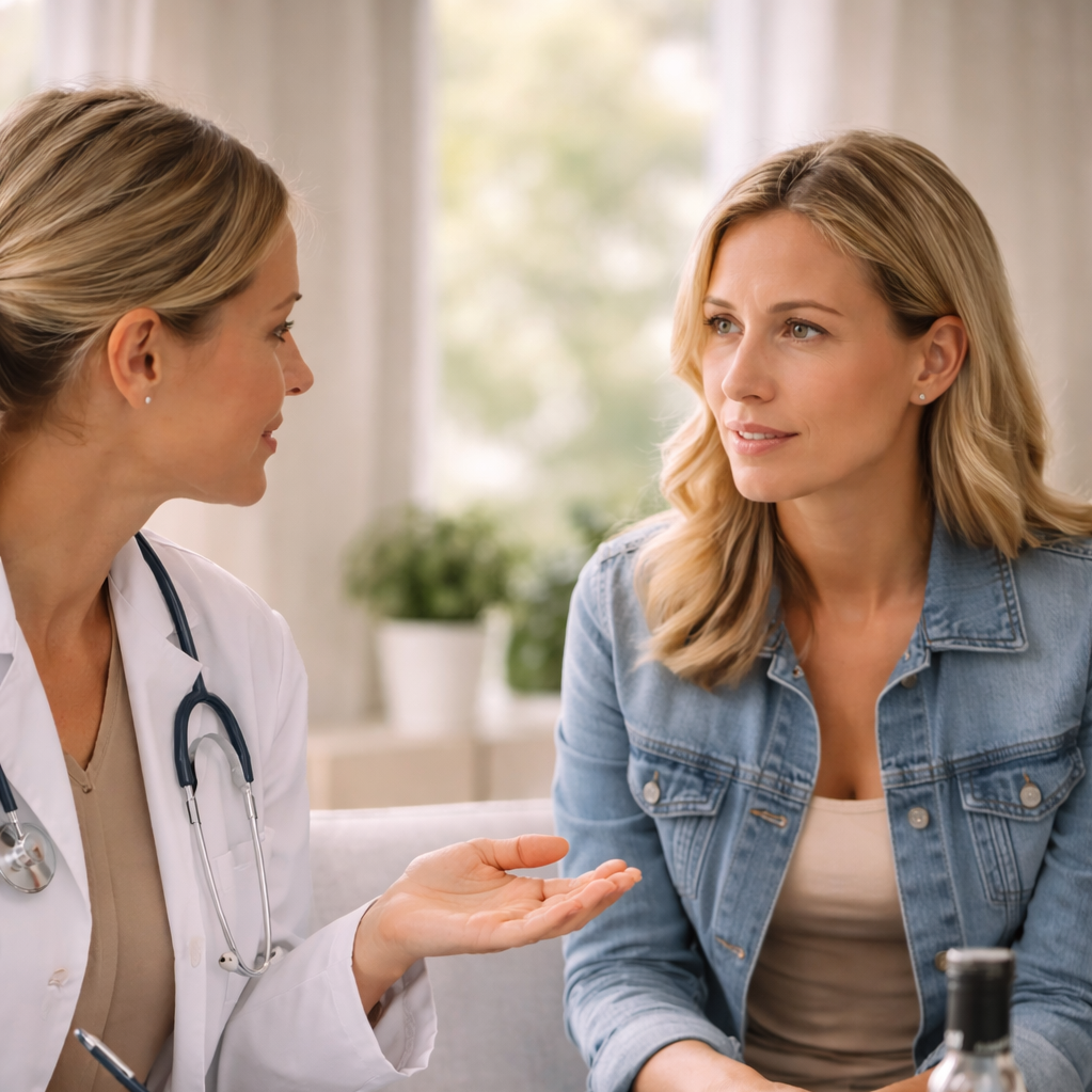 Doctor talking to woman in a consultation room.