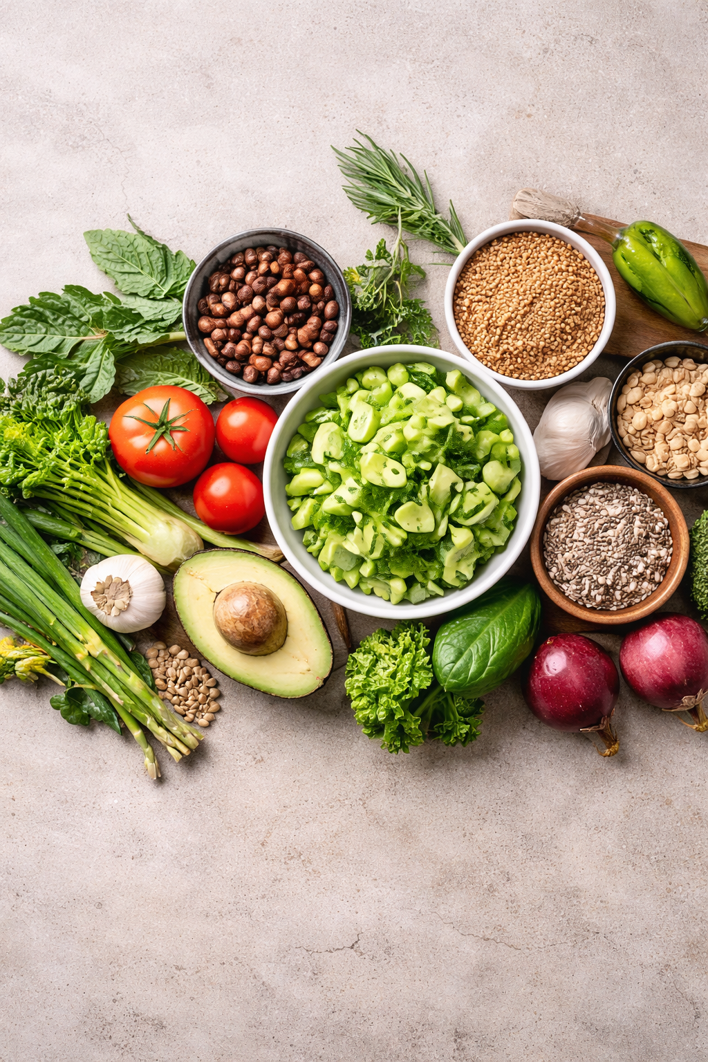Assorted fresh vegetables including tomatoes, cucumber, avocado, garlic, green peppers, radishes, herbs, and grains like lentils, seeds, and chopped vegetables on a light surface.