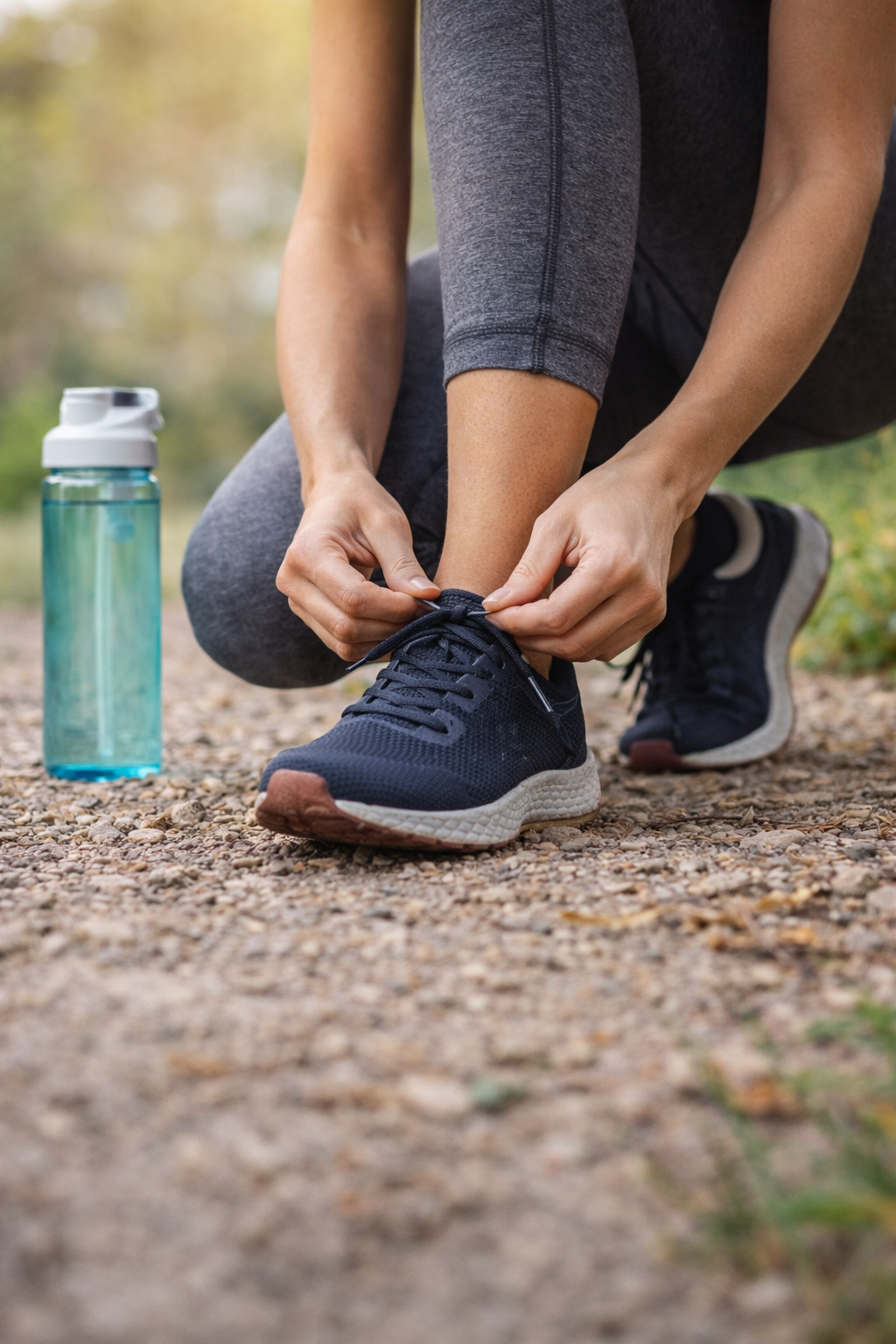 Person tying shoelaces on running shoes outdoors, with a water bottle nearby.