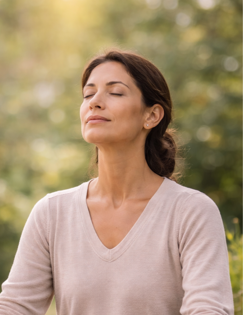 A woman with closed eyes and a serene expression outdoors, with a blurred green and yellow background.