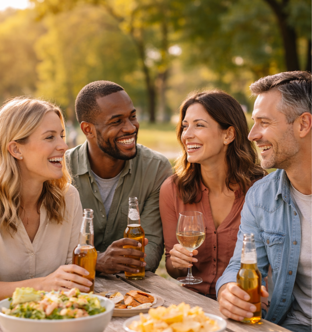 Four friends enjoying an outdoor picnic, smiling, holding bottles of beer, with a plate of salad, chips, and pizza on the table, in a park during autumn.