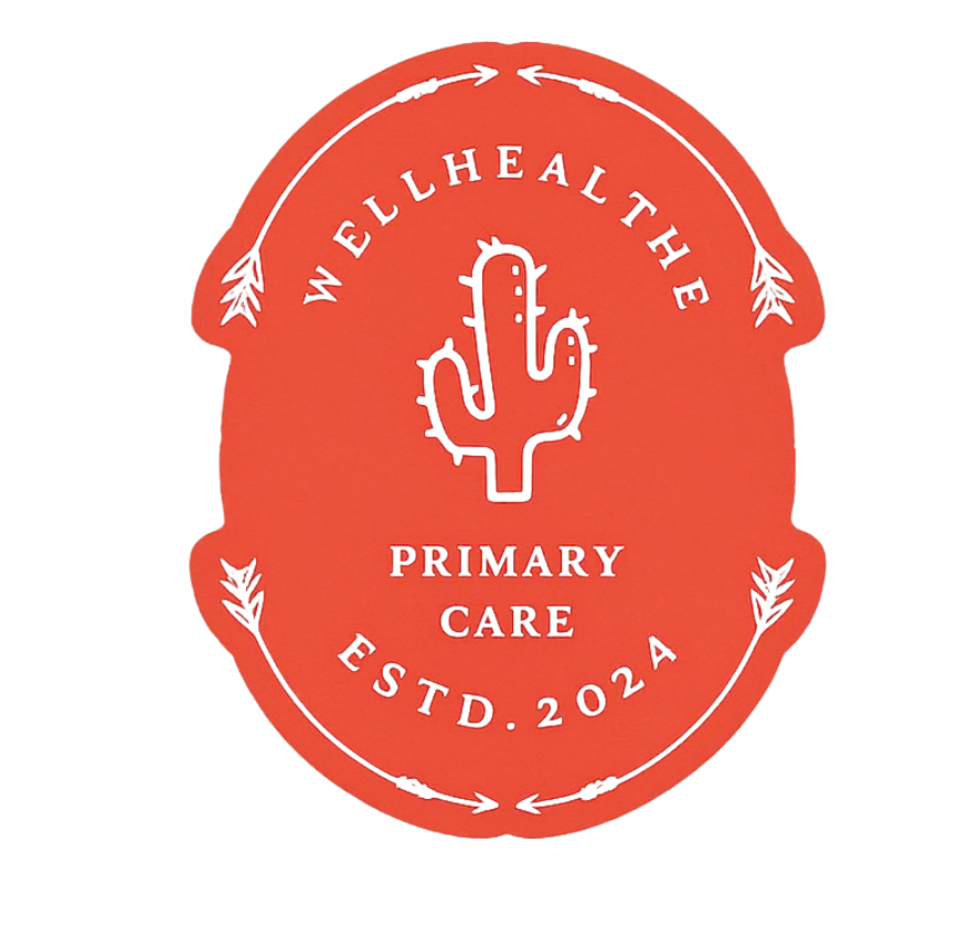 A red badge with a cactus illustration in the center, surrounded by the text: "WELLHEALTH THE PRIMARY CARE ESTD. 2024".