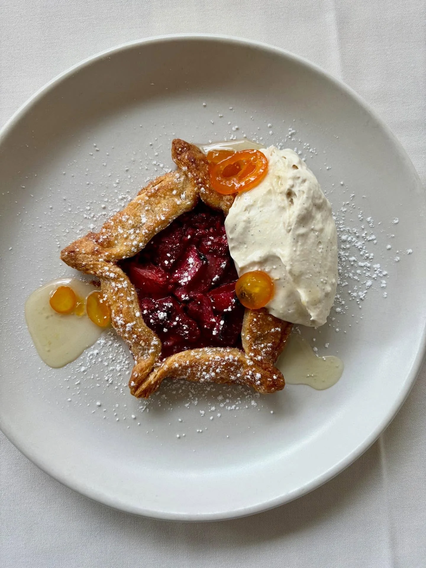 Berry rhubarb crostata, cornmeal crust, candied kumquats, whipped lemon mascarpone 🍓🍋✨ our newest spring dessert by chef @bethamphetamine401k