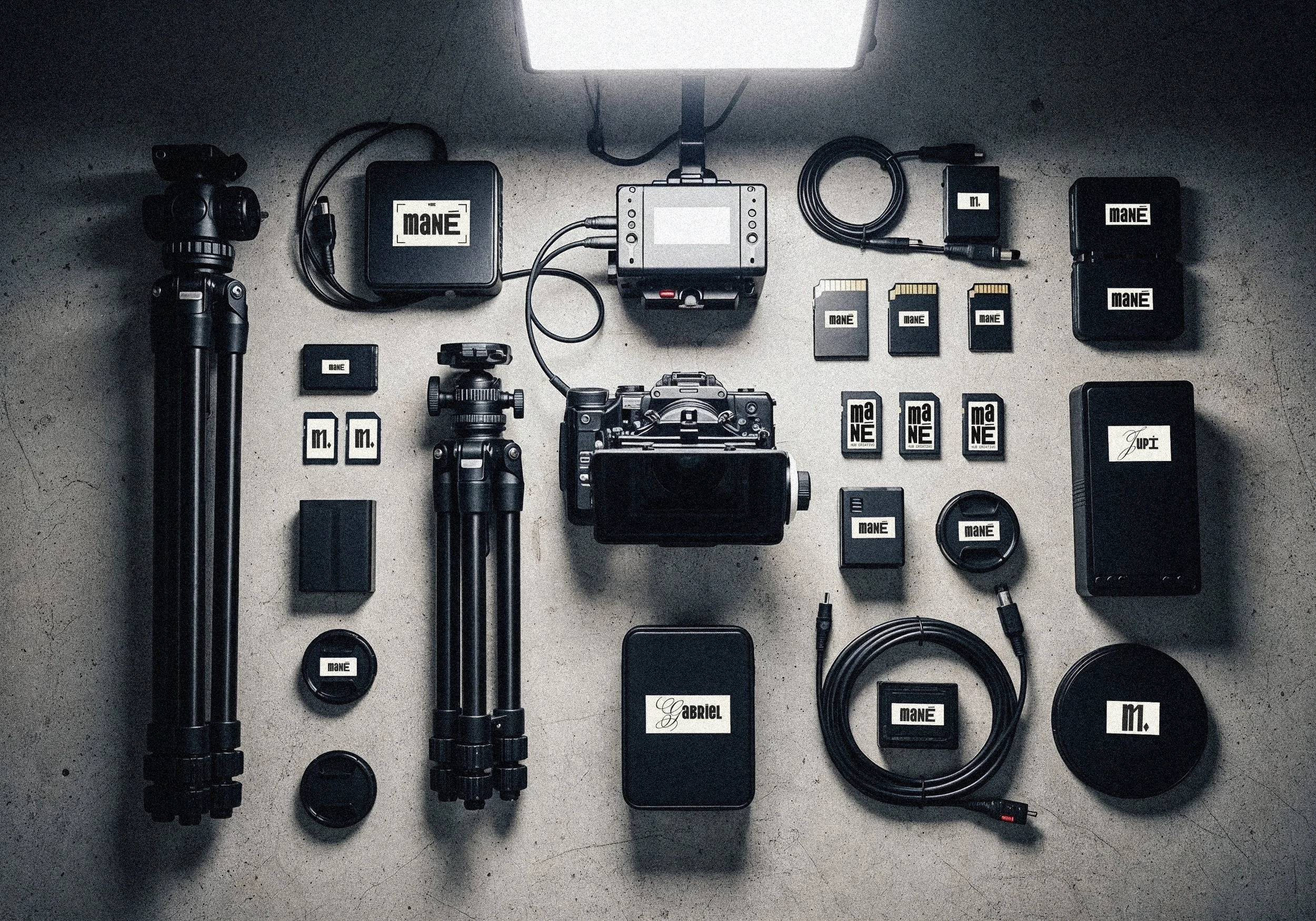 Equipamentos de fotografia e videografia dispostos sobre uma superfície, incluindo tripés, câmeras, cartões de memória, baterias, cabos e acessórios, com etiquetas "MANÉ".