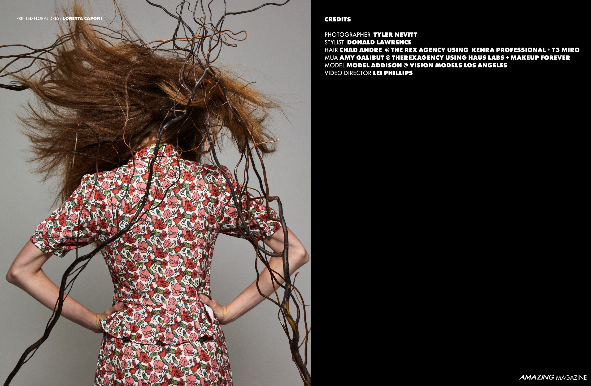 A model wearing a floral dress with a pattern of pink, red, and green flowers poses with her hands on her hips, her long, wavy hair flying around her. The photo is part of a fashion shoot titled 'Printed Floral Dress Loretta Caponi'.
